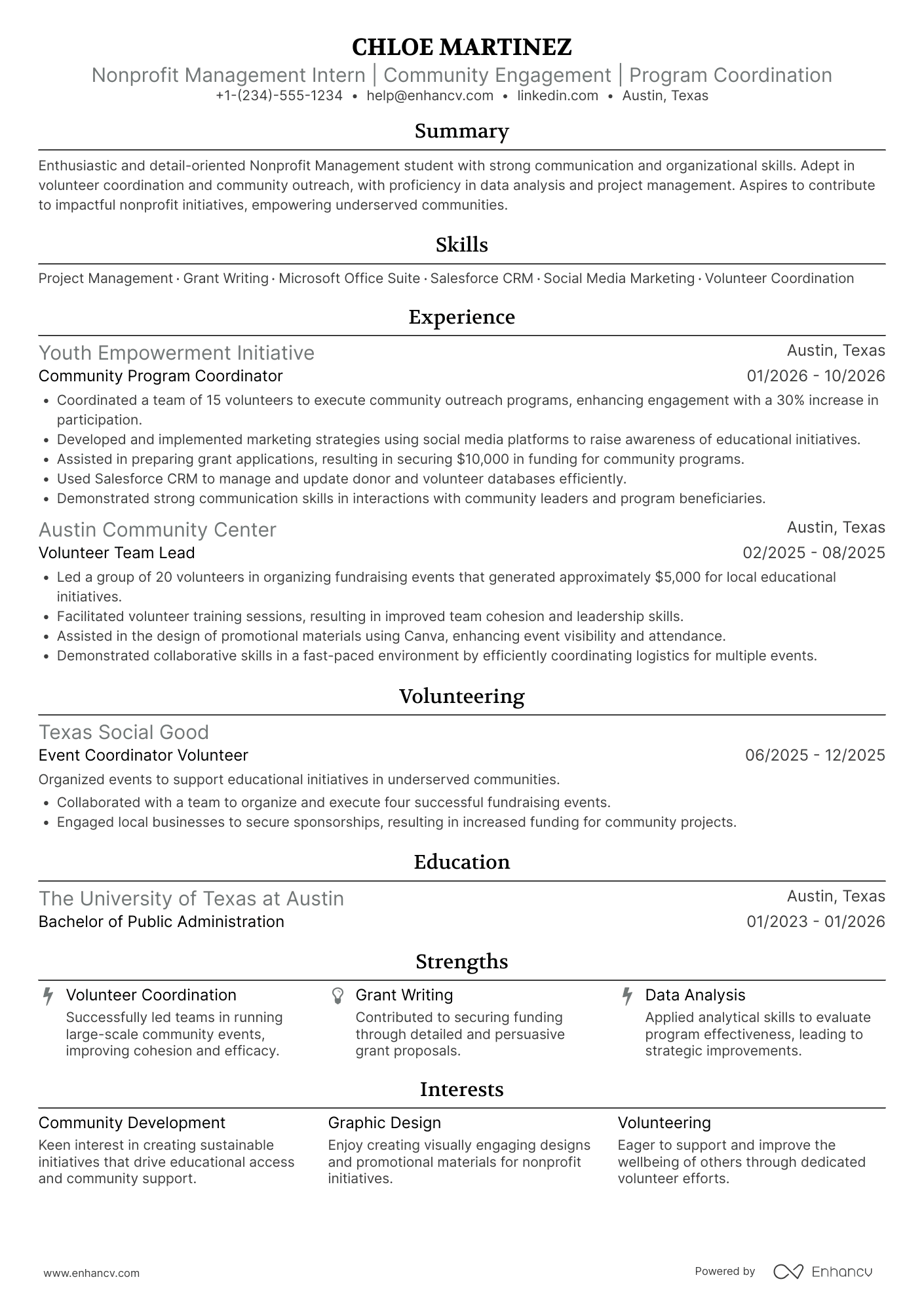 A resume example of a Nonprofit Management Intern