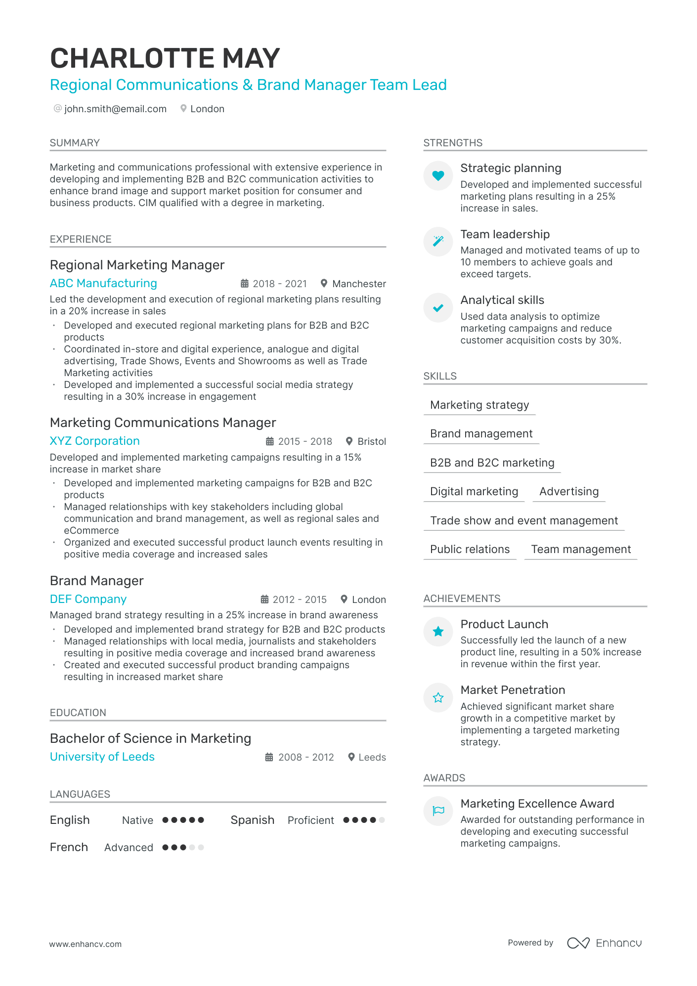 A resume example of a Regional Marketing Manager