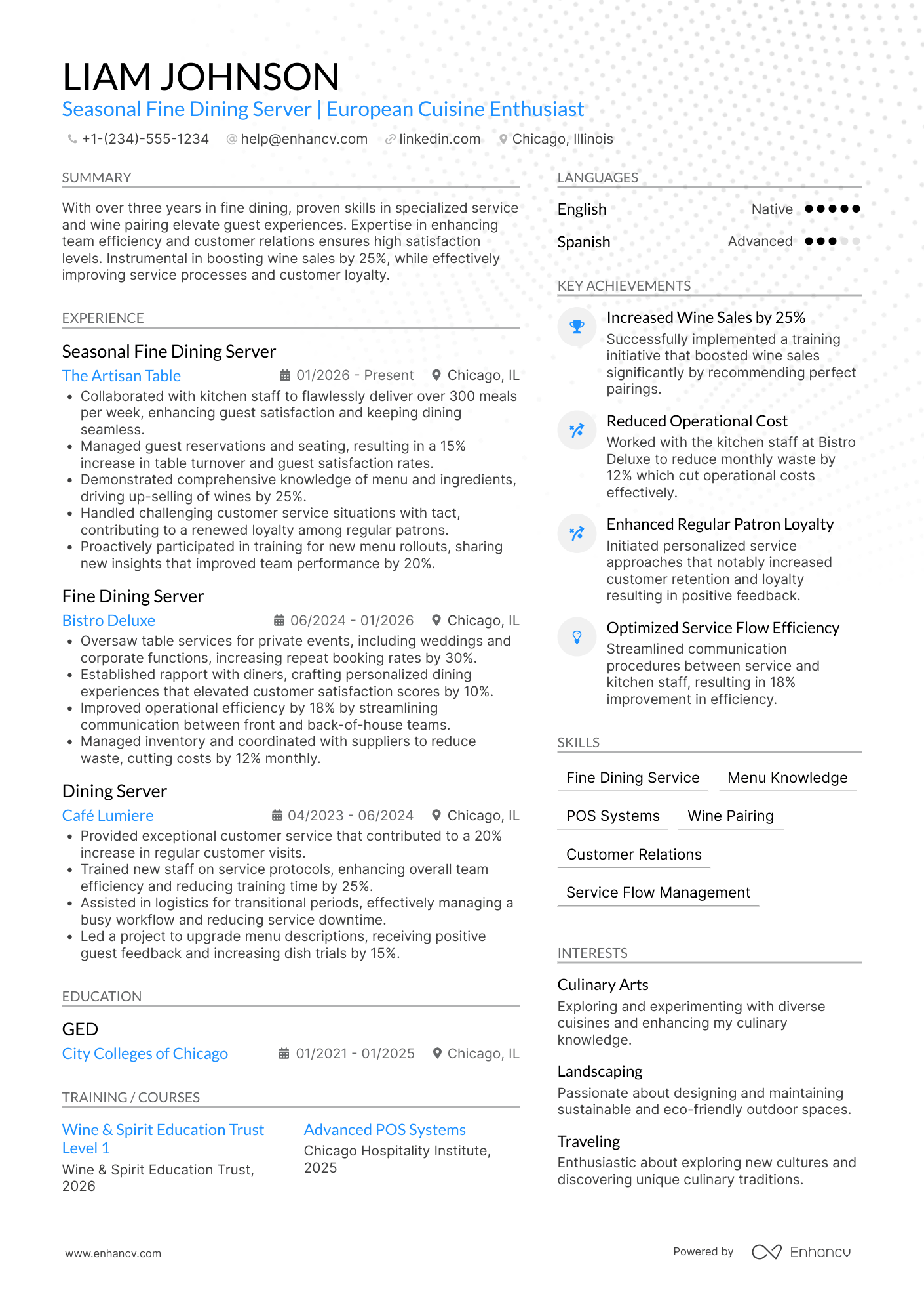 A resume example of a Seasonal Fine Dining Server