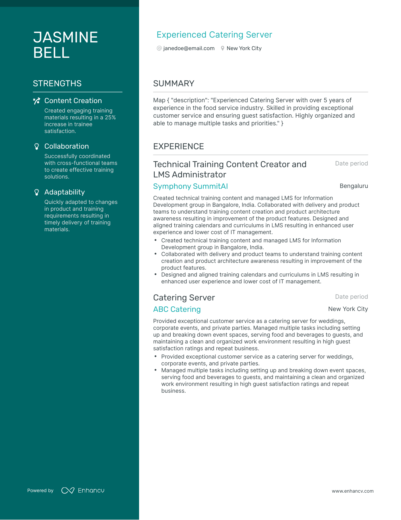 Polished Catering Server Resume Template