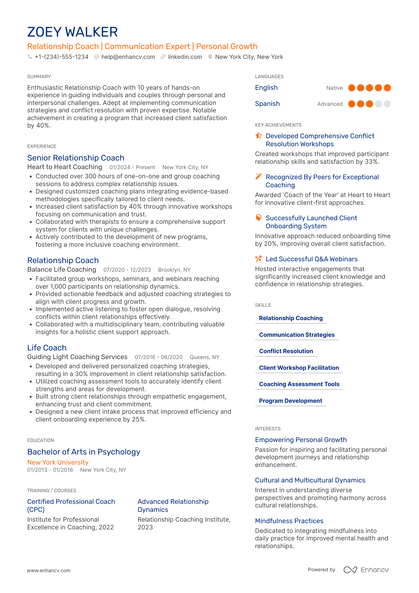 A resume example of a Relationship Life Coach