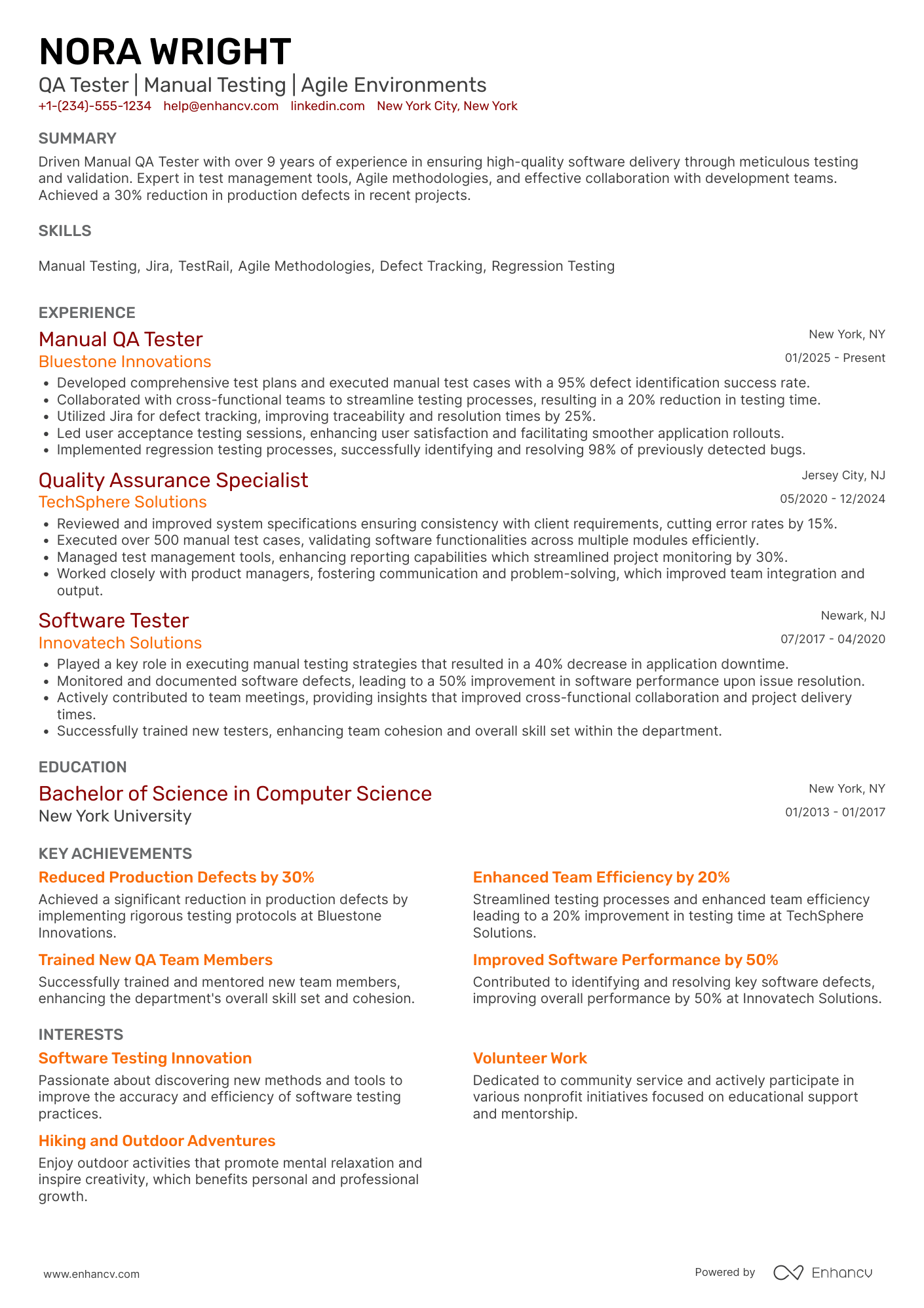 A resume example of a Manual QA Tester