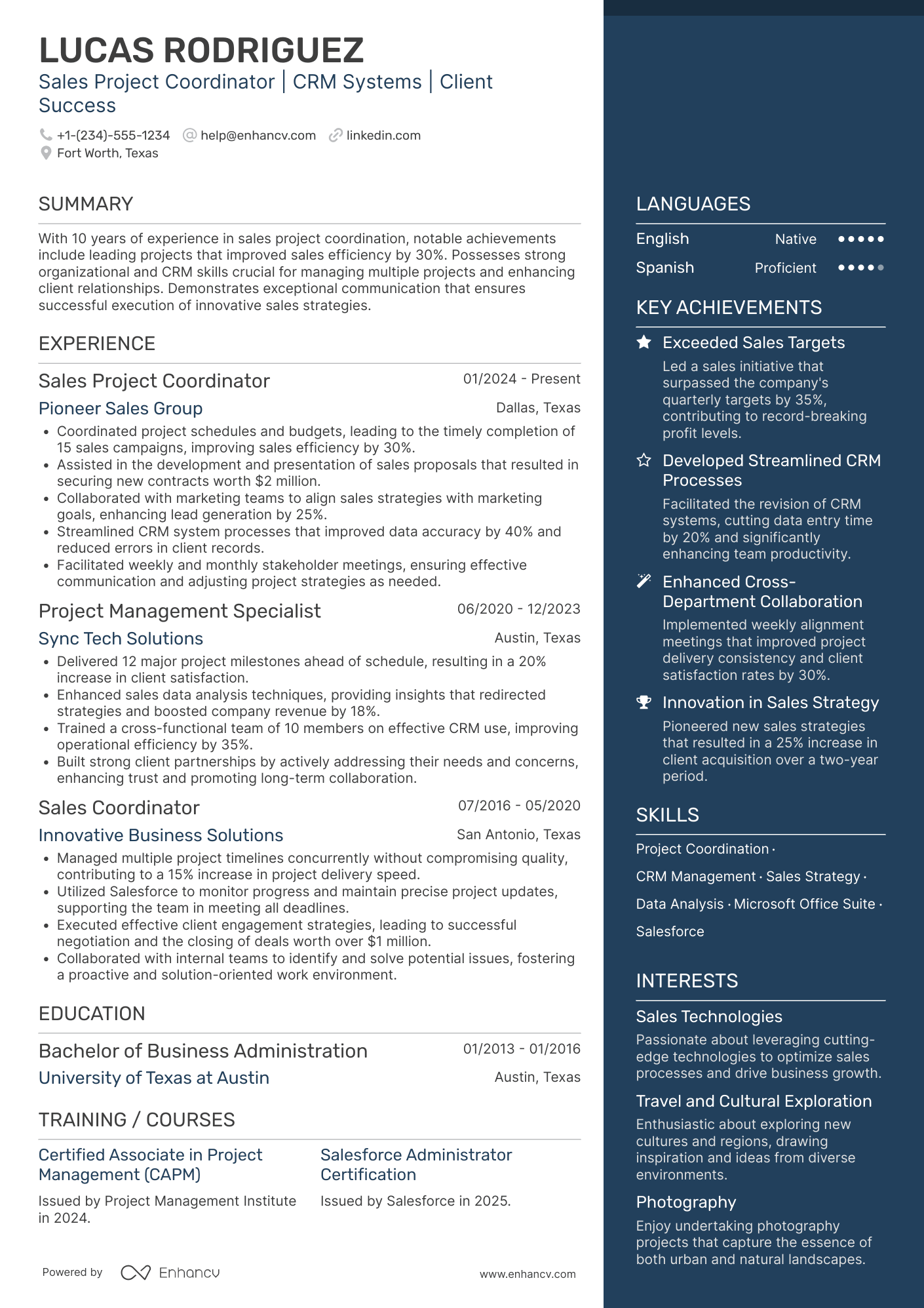 A resume example of a Sales Project Coordinator