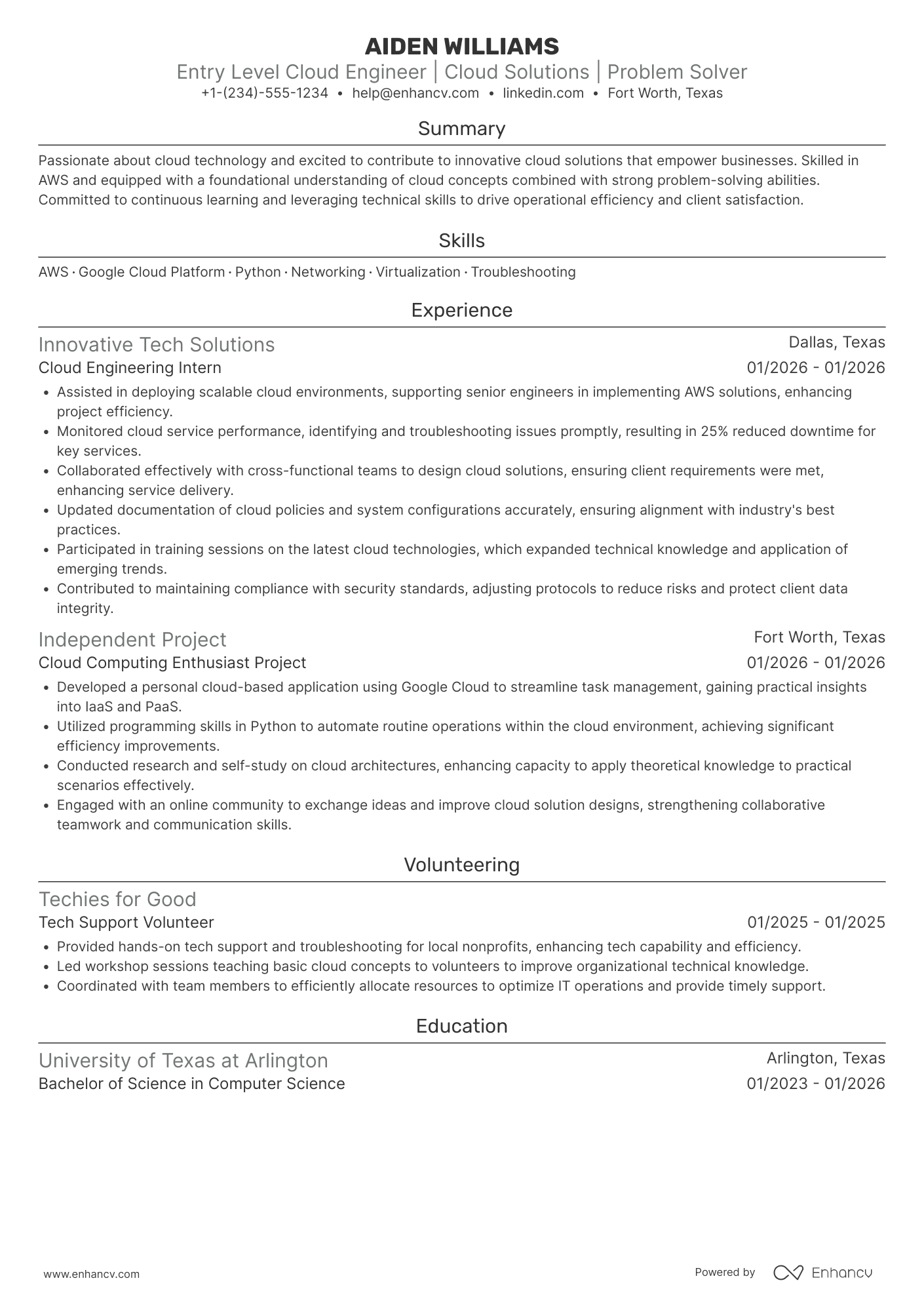 A resume example of a Entry Level Cloud Engineer