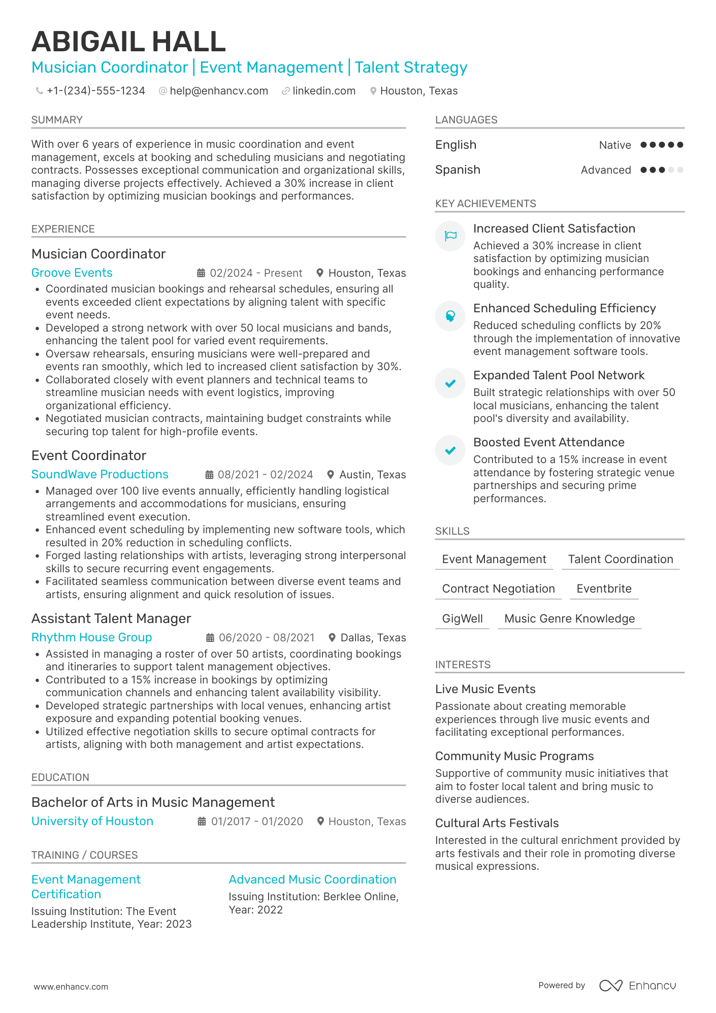 A resume example of a Musician Coordinator