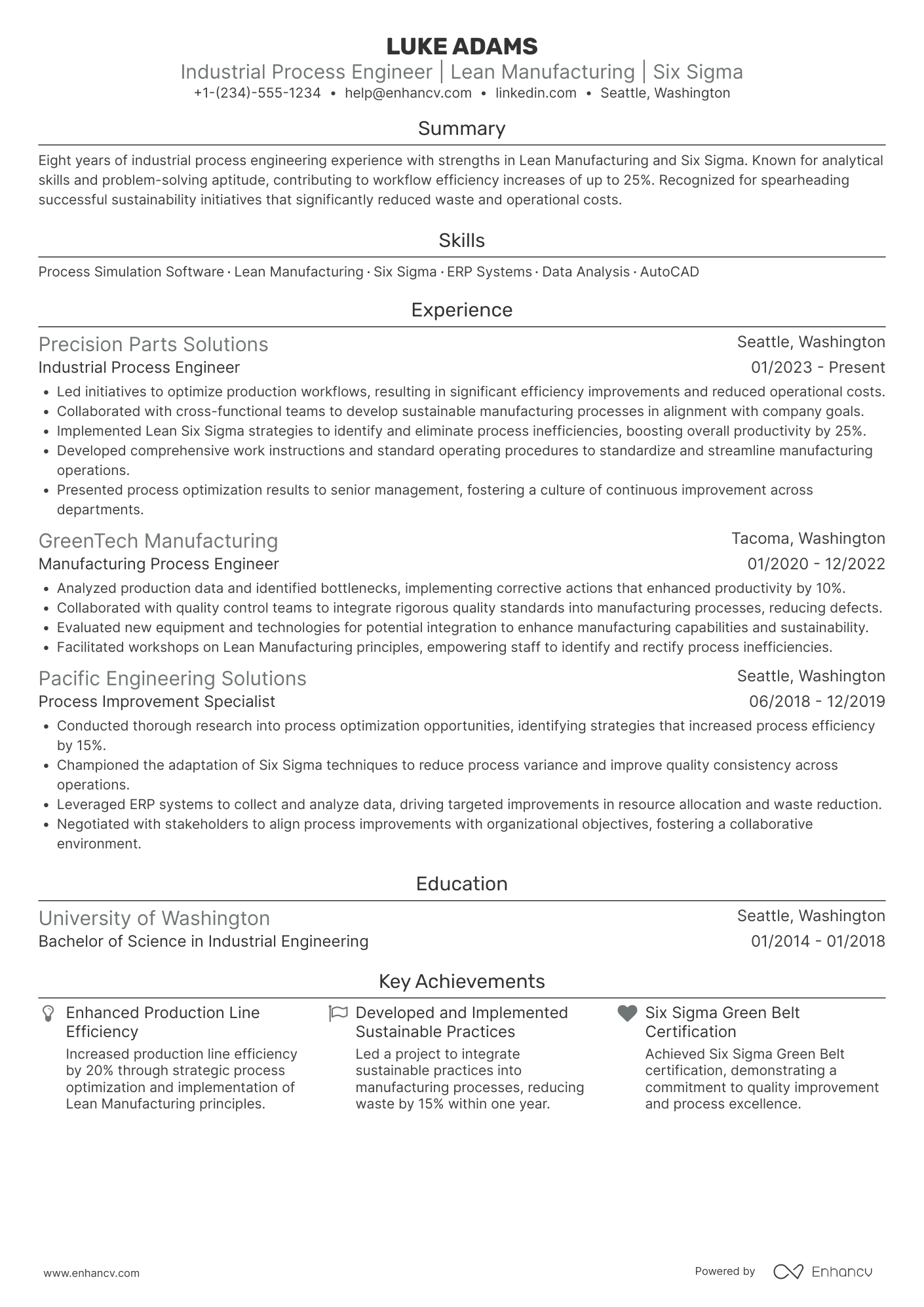 A resume example of a Industrial Process Engineer