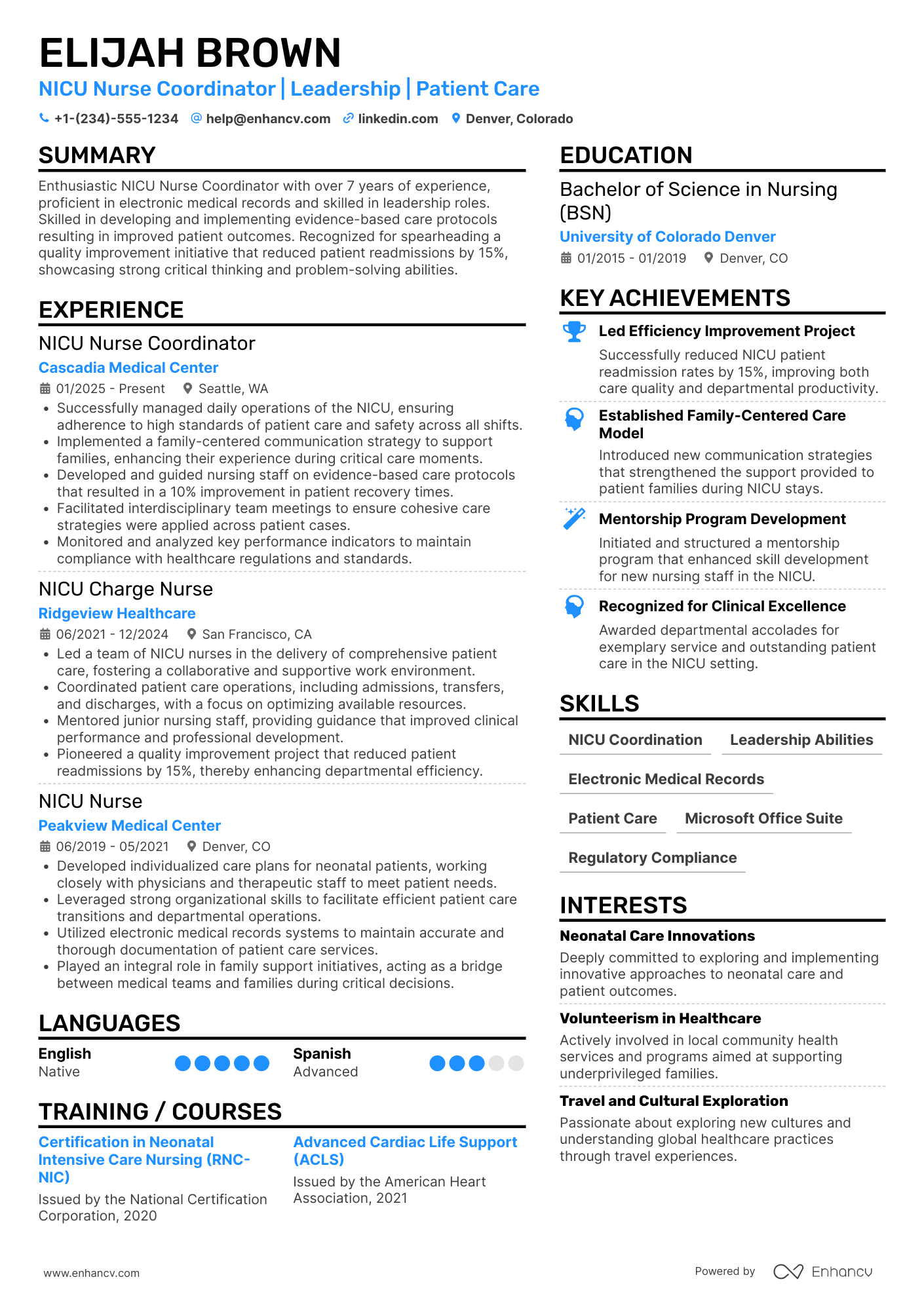 A resume example of a NICU Nurse Coordinator