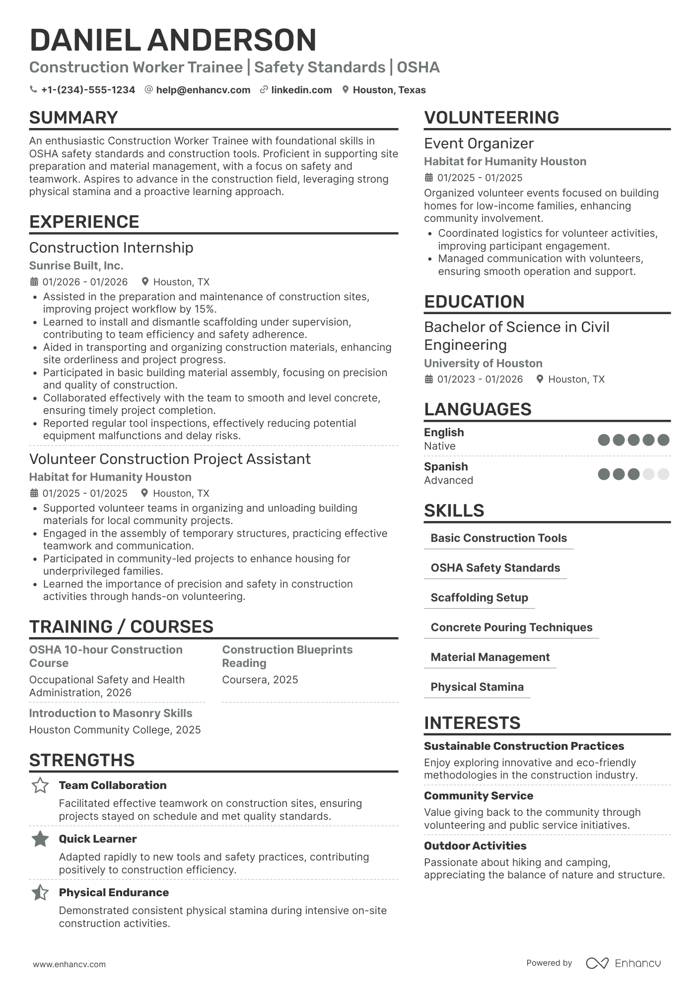 A resume example of a Construction Worker Trainee