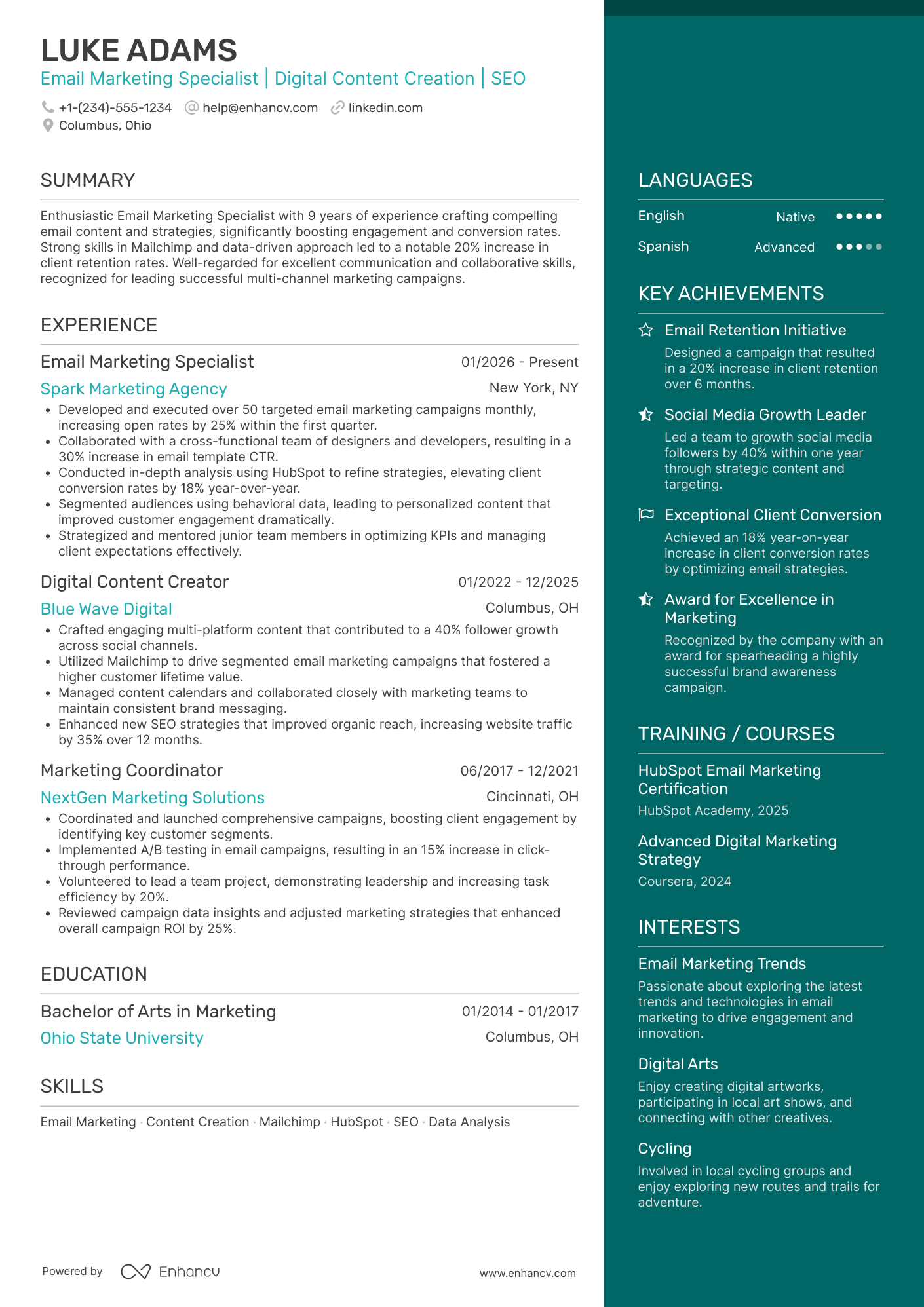 A resume example of a Email Marketing Content Specialist