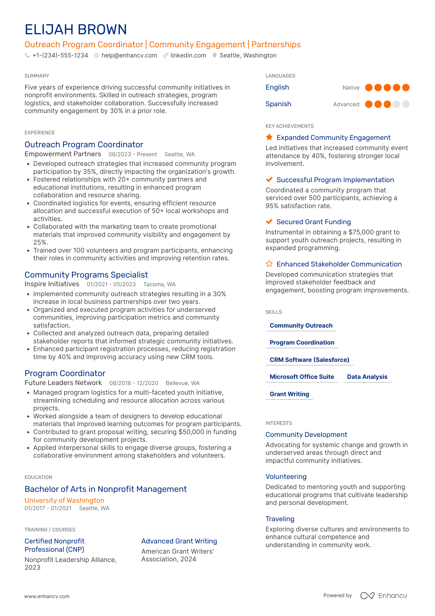 A resume example of a Outreach Program Coordinator