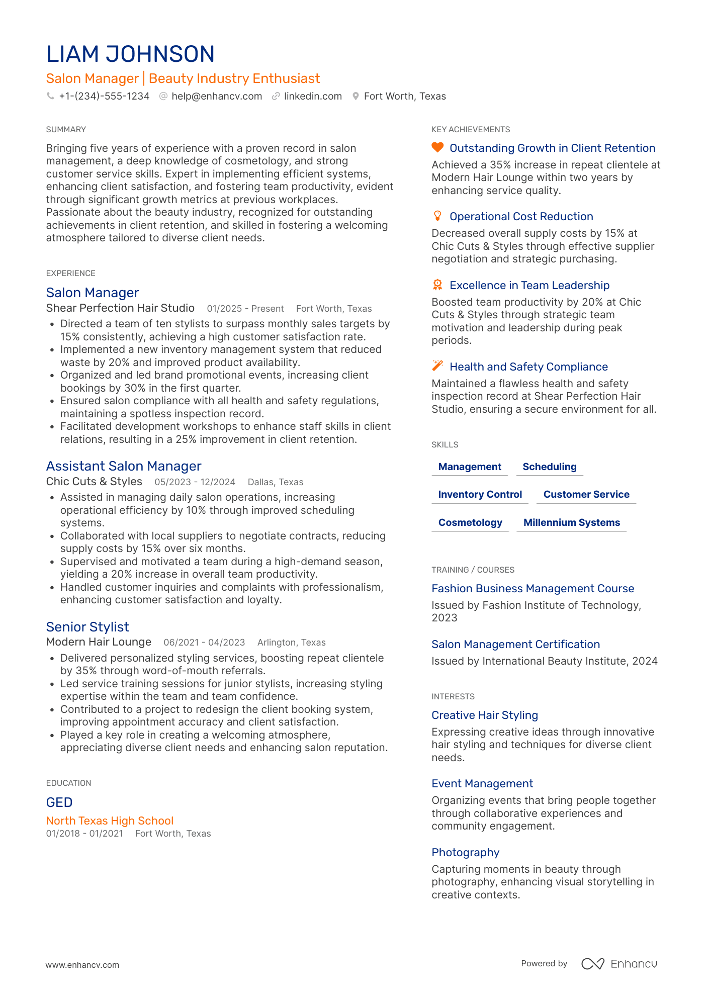 A resume example of a Salon Manager