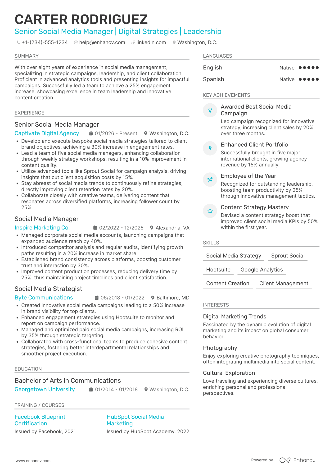 A resume example of a Senior Social Media Manager