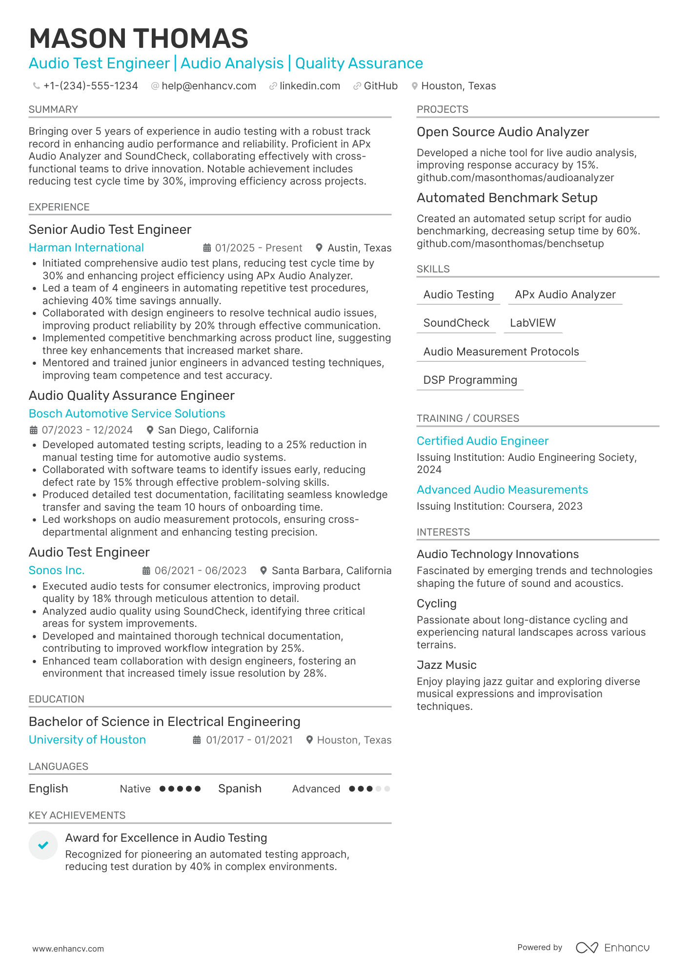 A resume example of a Audio Test Engineer