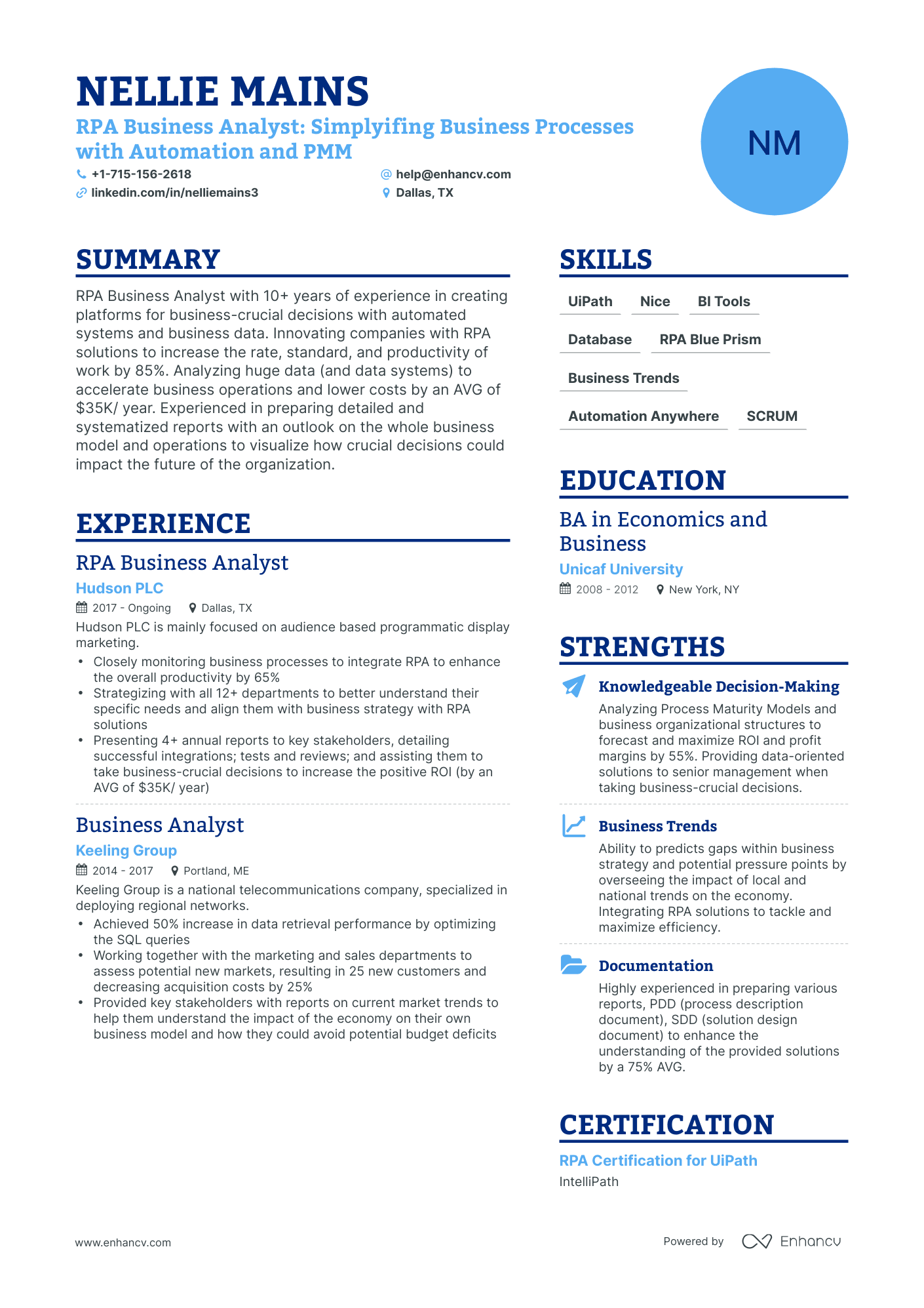 Simple RPA Business Analyst Resume Template