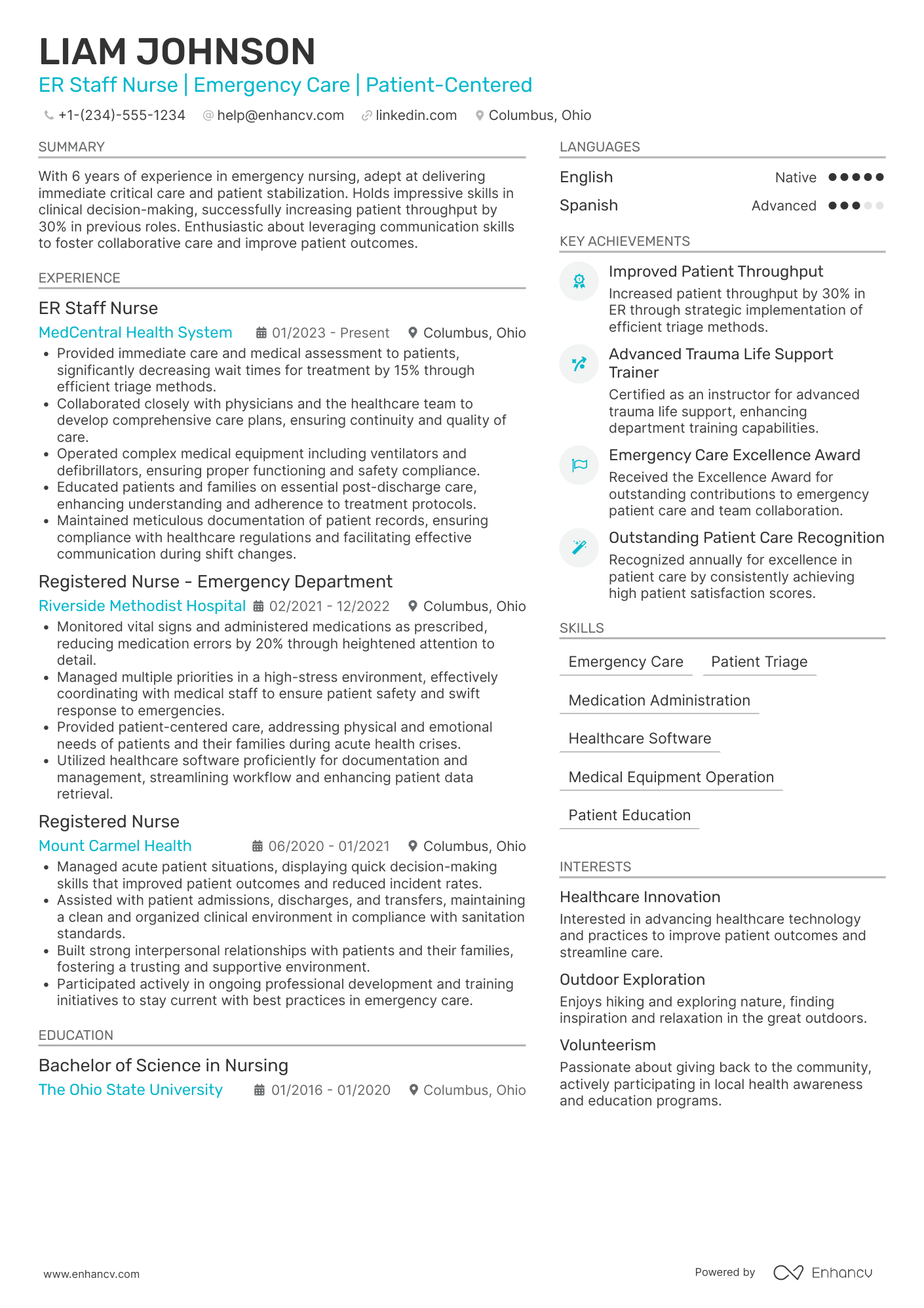 A resume example of a ER Staff Nurse