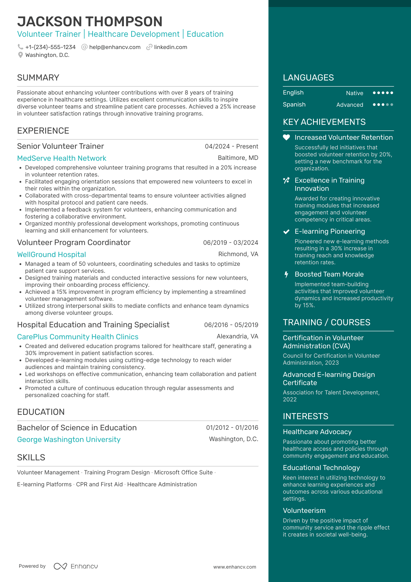 A resume example of a Hospital Volunteer Trainer