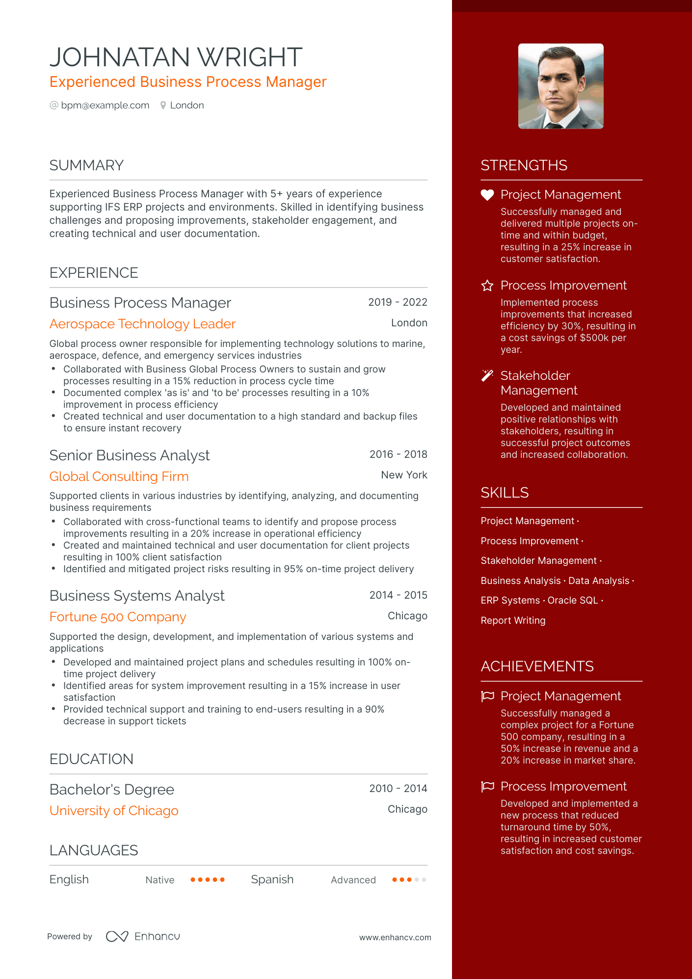 One Page Business Process Manager Resume Template