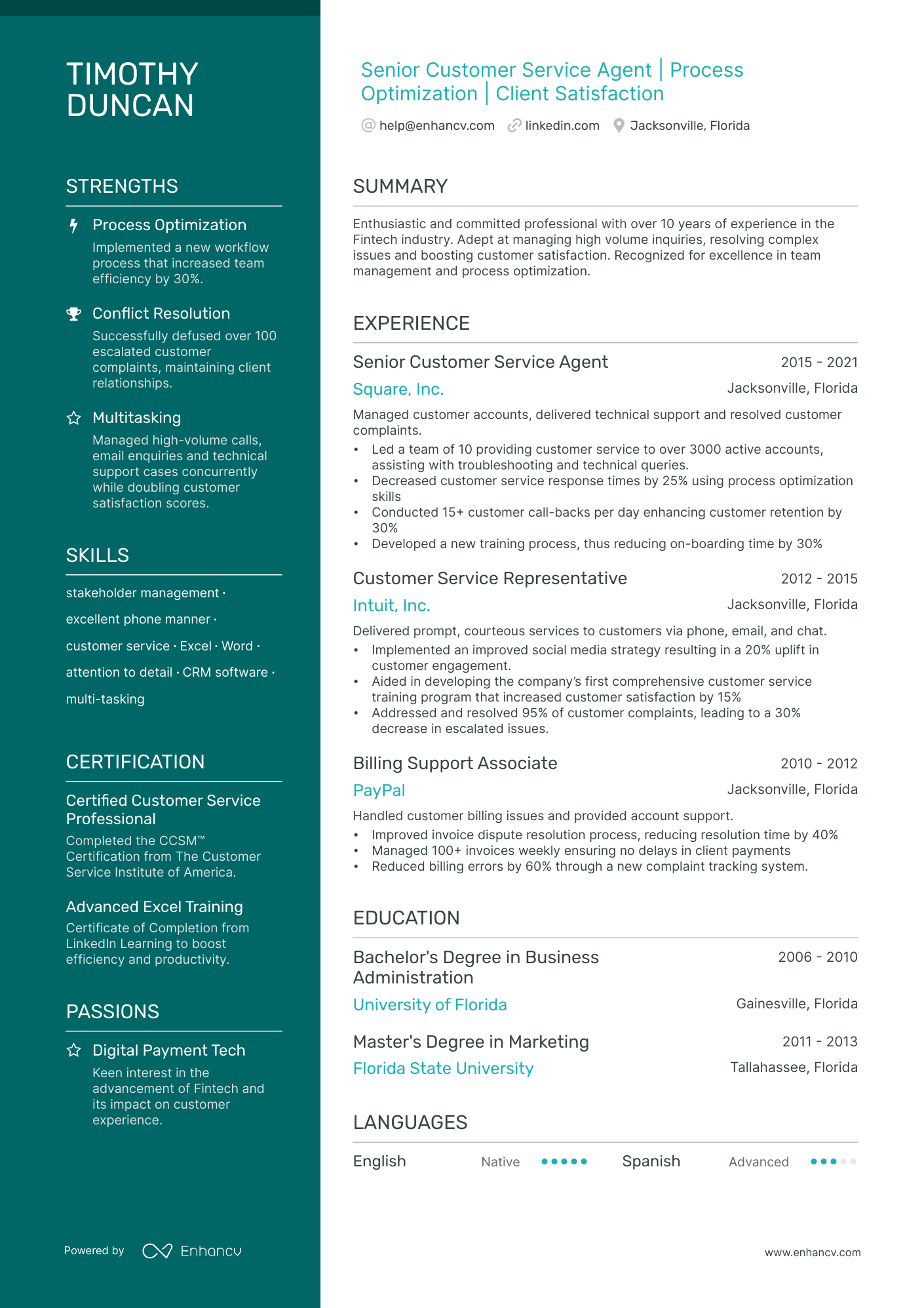 A resume example of a Customer Service Agent