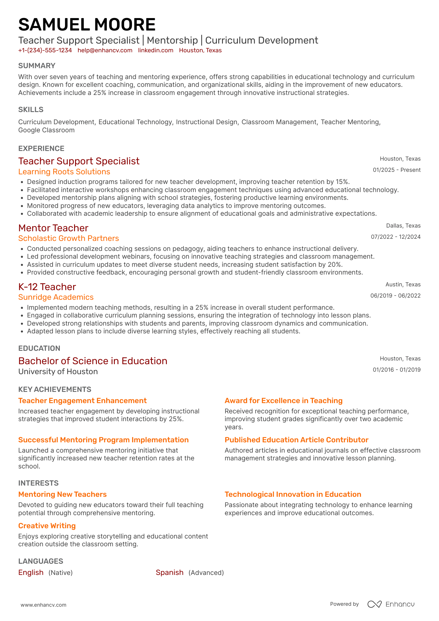 A resume example of a New Teacher Support Staff