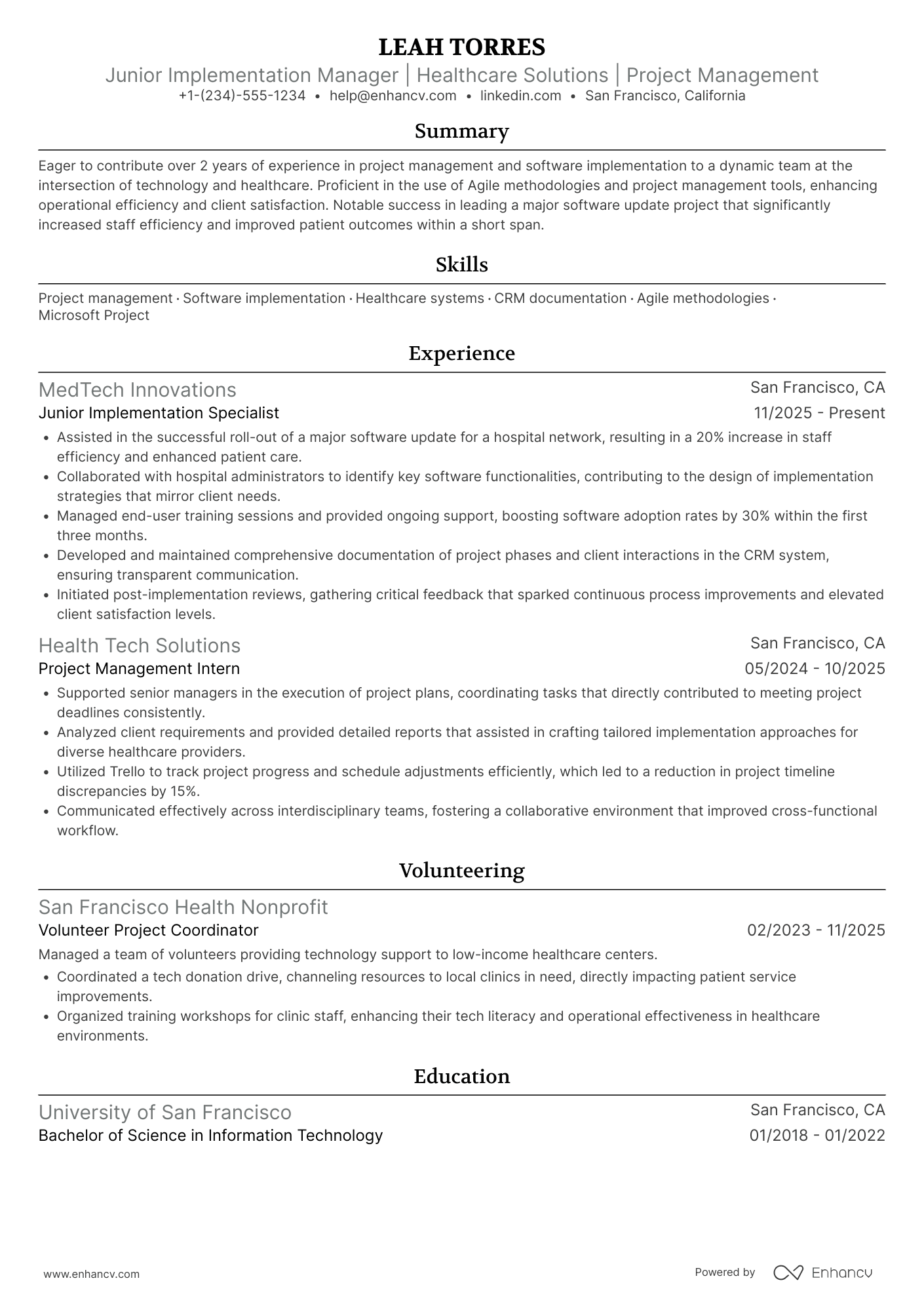 A resume example of a Junior Implementation Manager