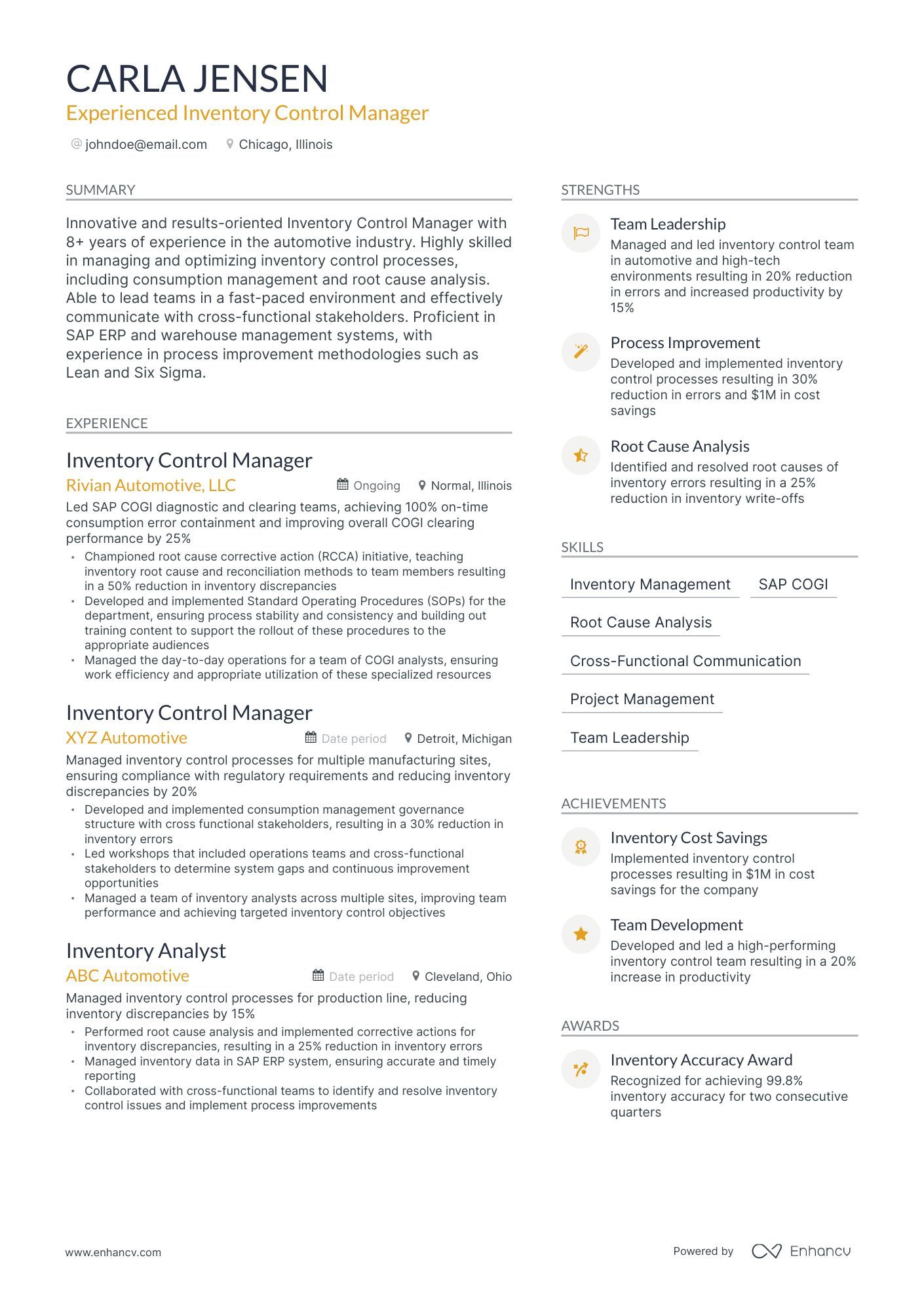 Modern Inventory Control Manager Resume Template