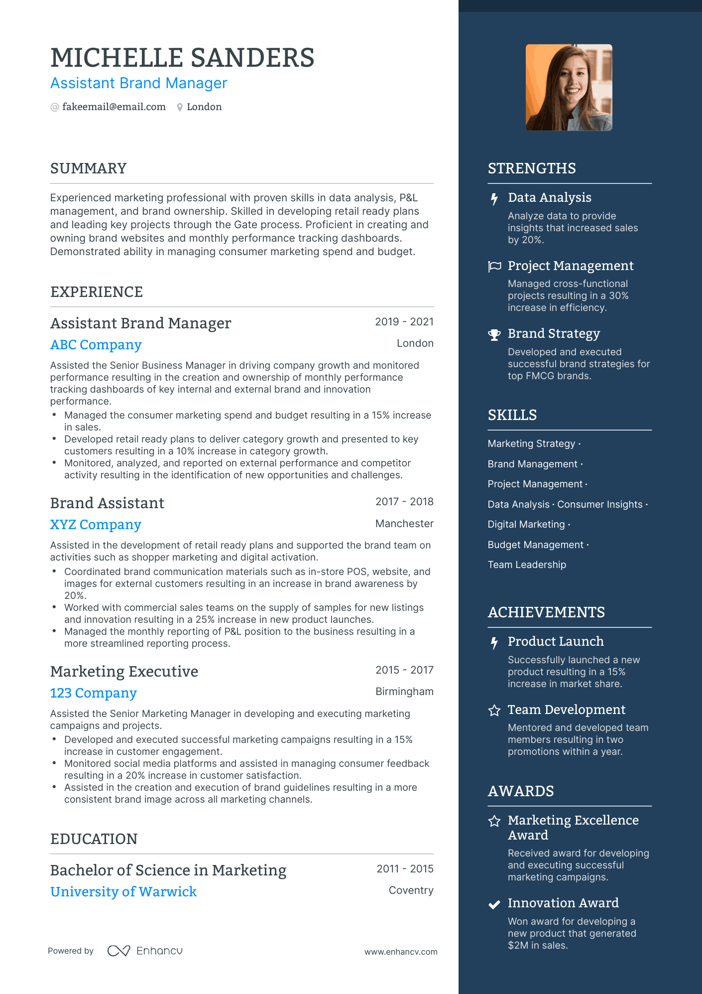One Page Assistant Marketing Manager Resume Template
