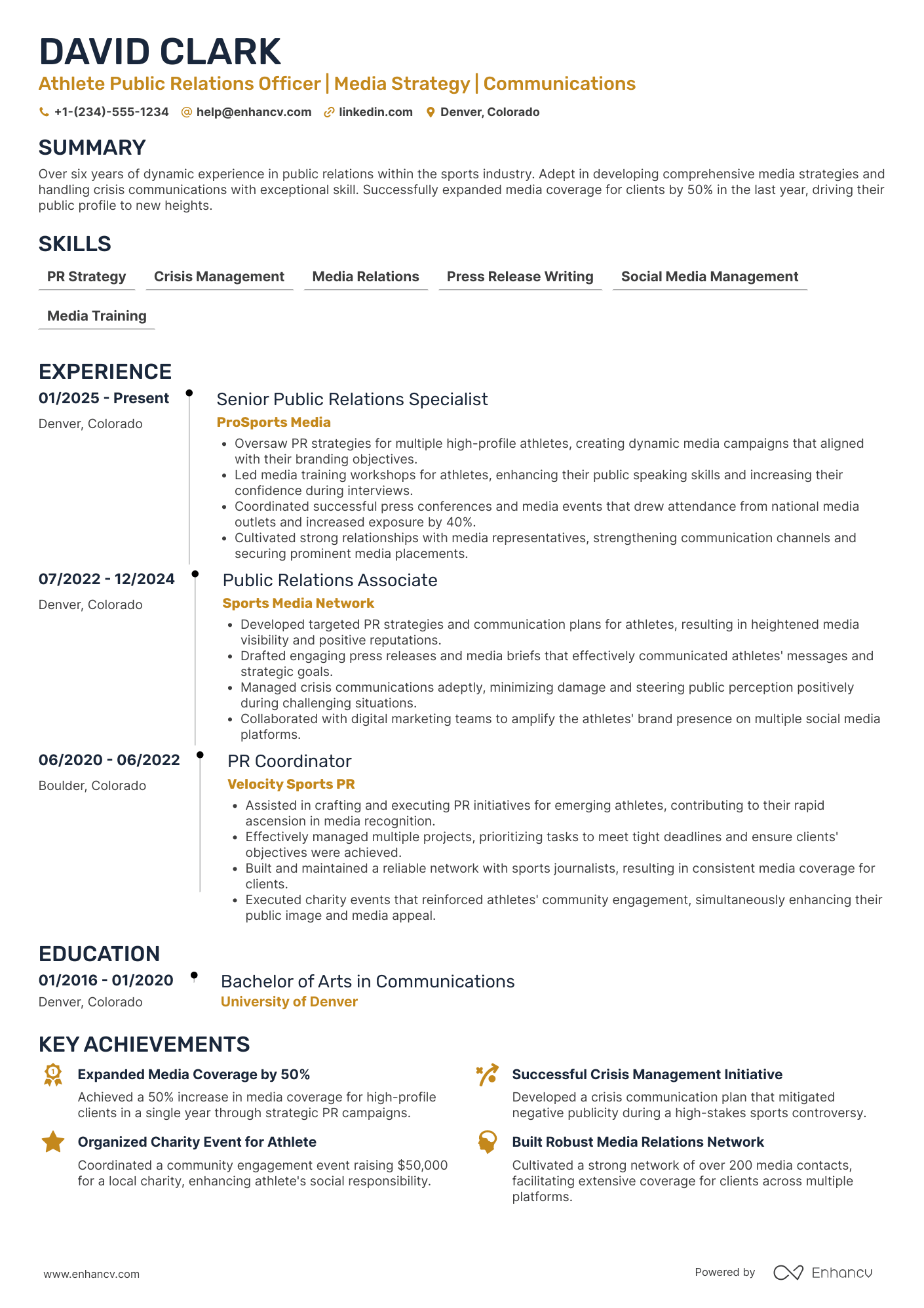 A resume example of a Athlete Public Relations Officer