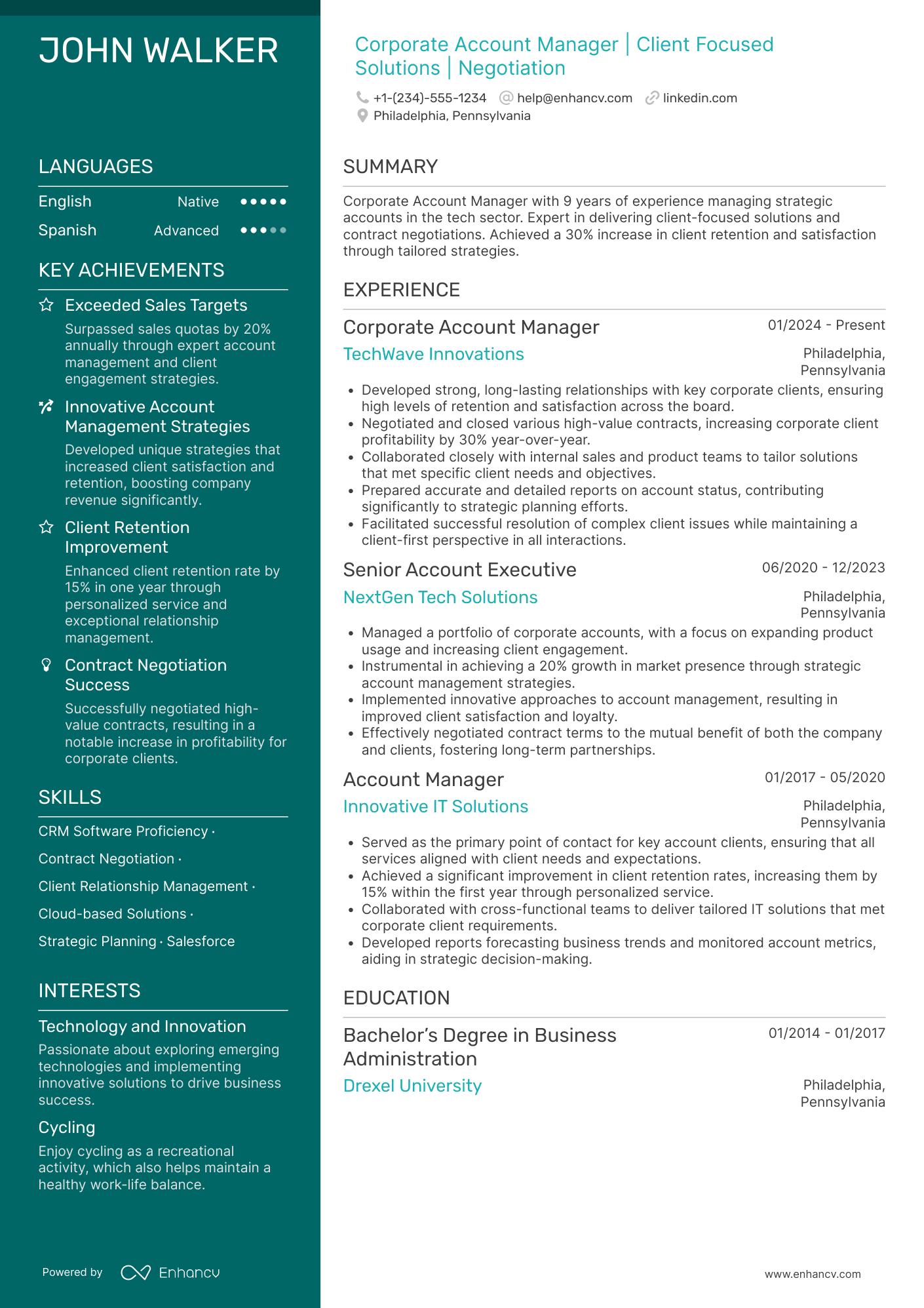 A resume example of a Corporate Account Manager