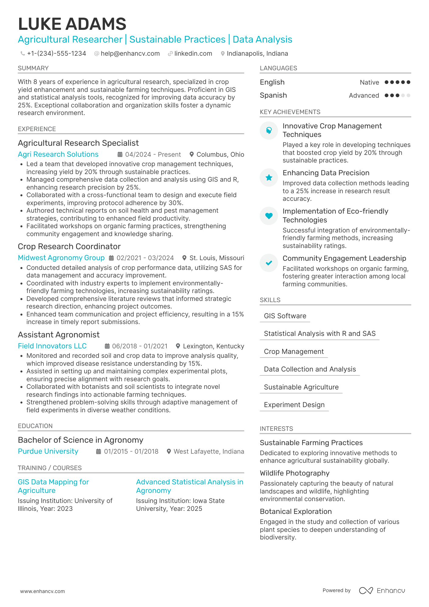 A resume example of a Agricultural Research Assistant