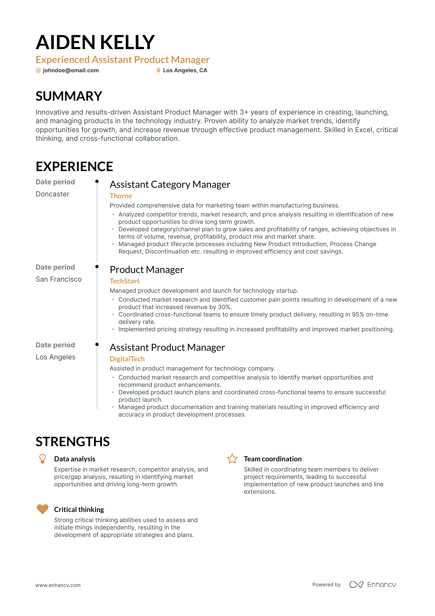 Timeline Assistant Product Manager Resume Template