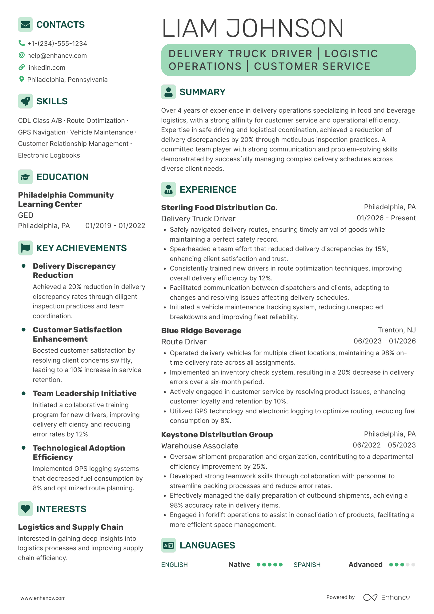 A resume example of a Delivery Truck Driver