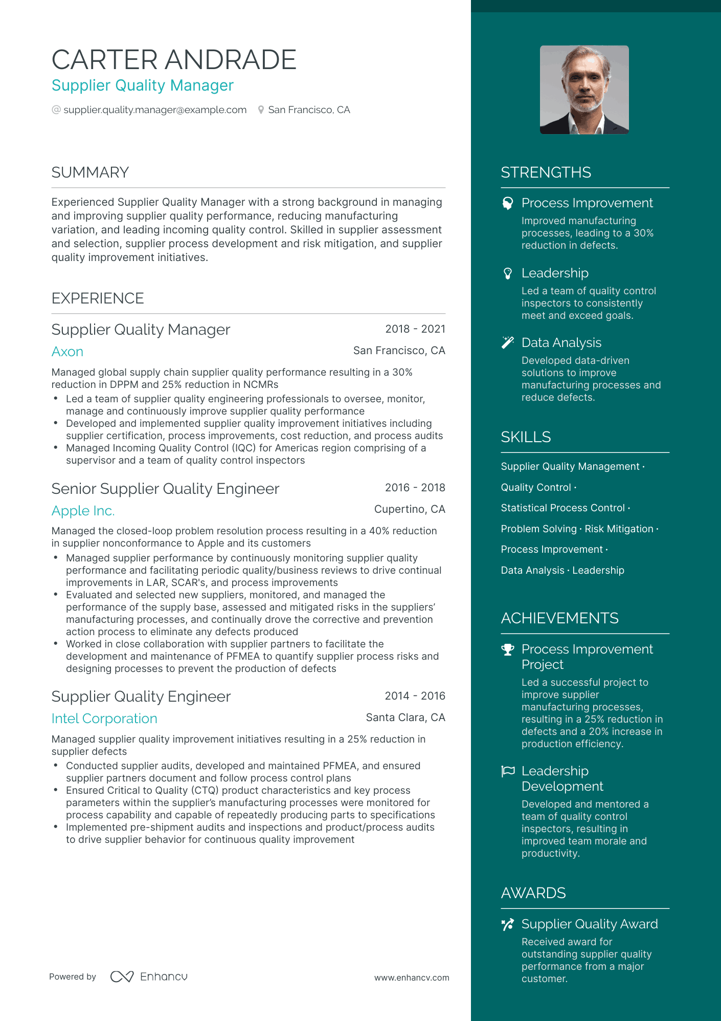 One Page Supplier Quality Manager Resume Template