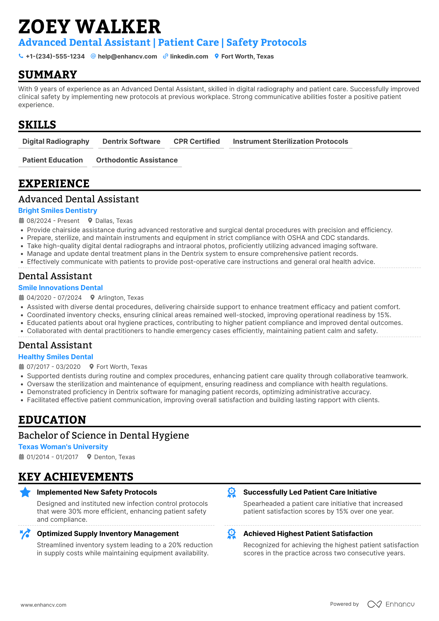 A resume example of a Advanced Dental Assistant