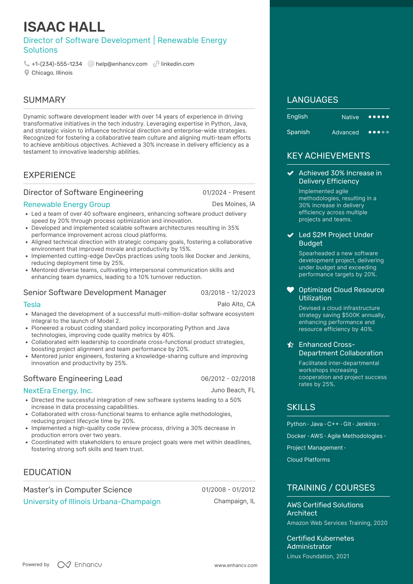 A resume example of a Department Head