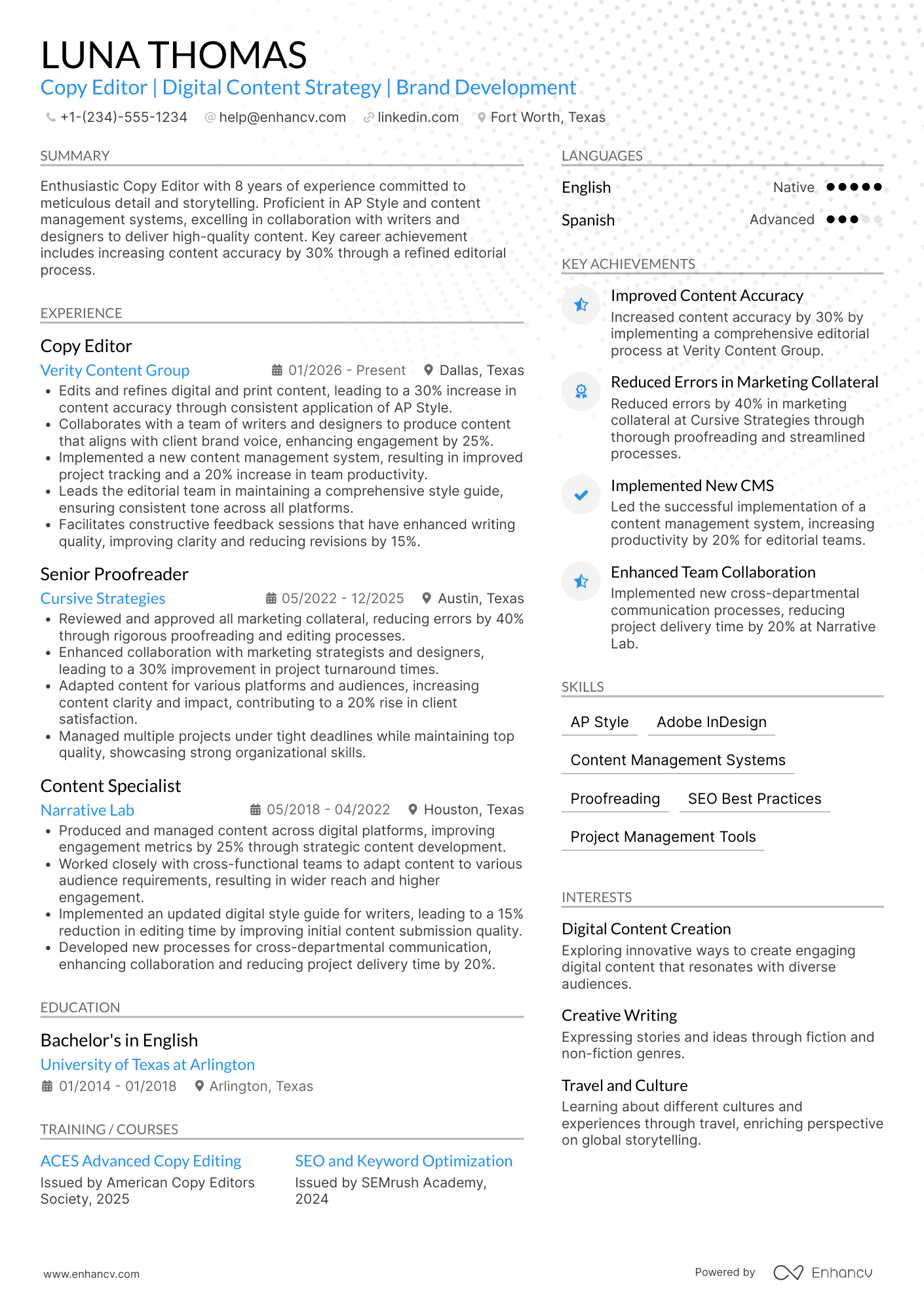 A resume example of a Copy Editor