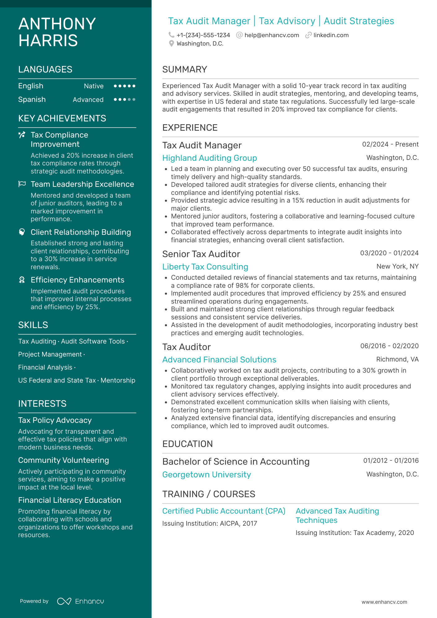 A resume example of a Tax Audit Manager