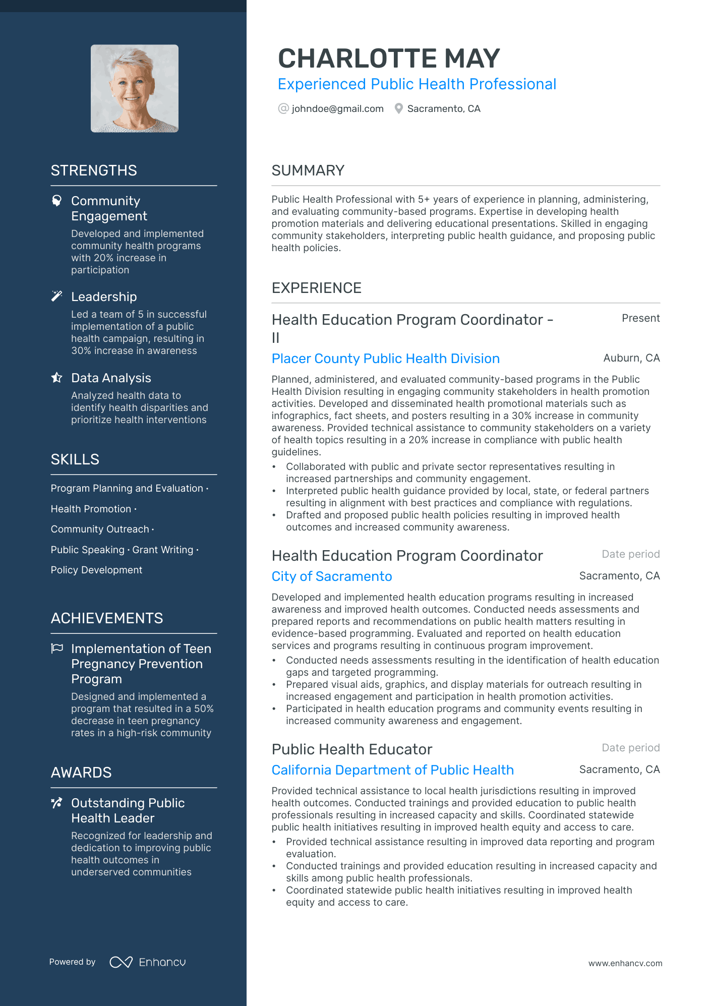 A resume example of a Public Health