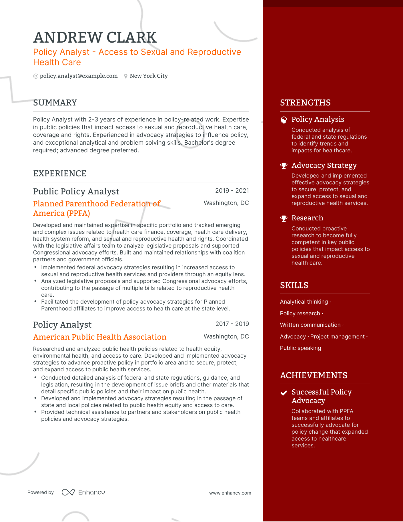 One Page Policy Analyst Resume Template