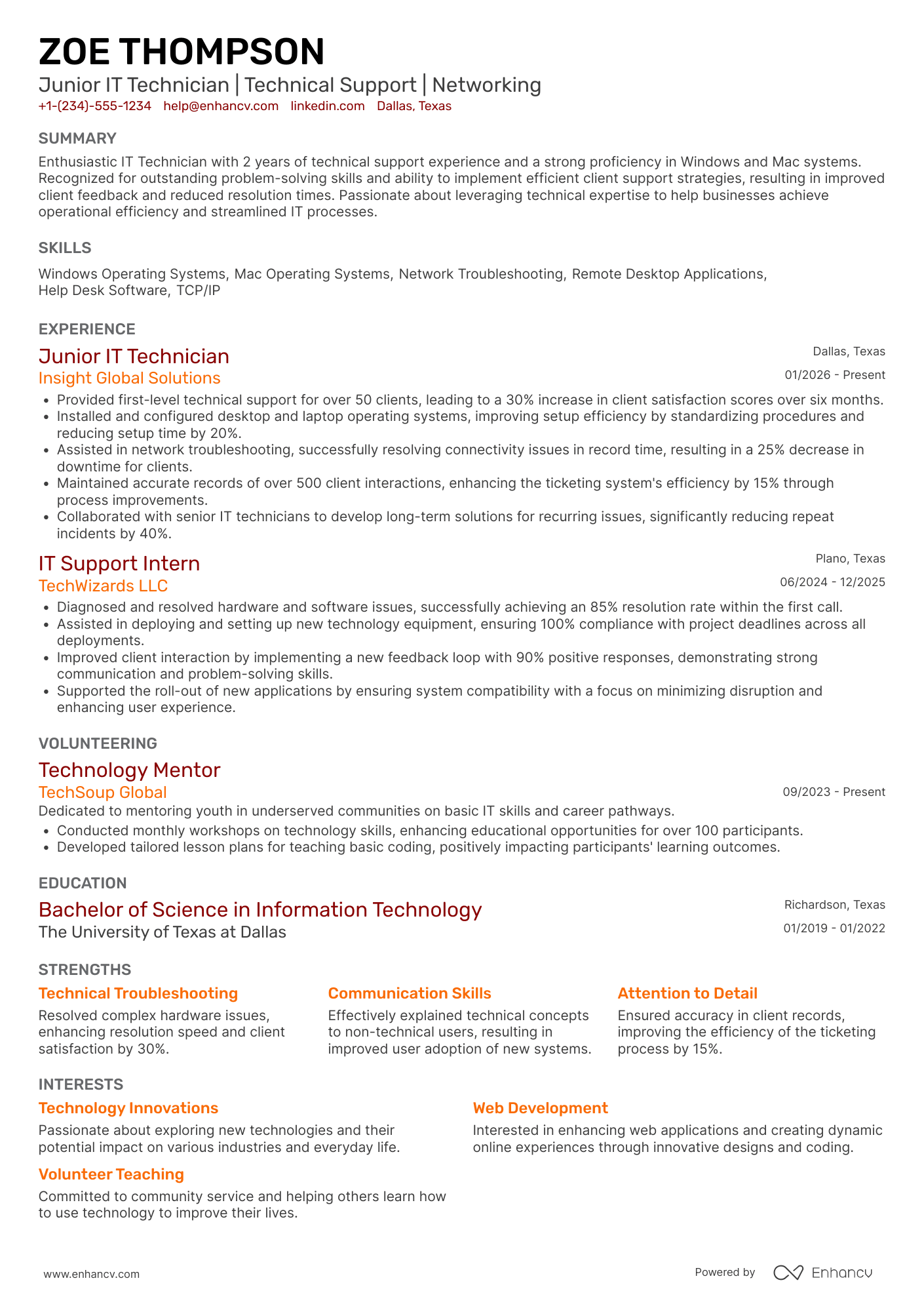 A resume example of a Junior IT Technician