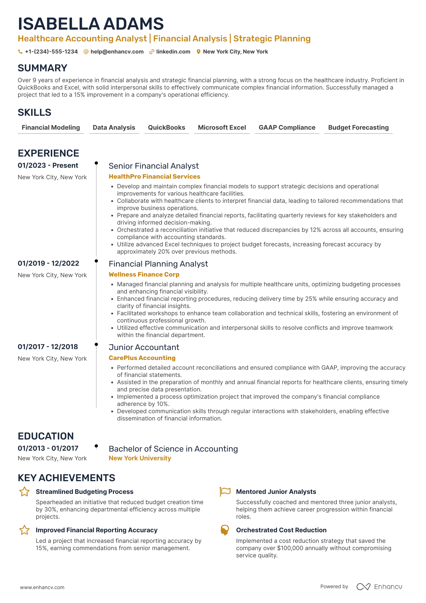 A resume example of a Healthcare Accounting Analyst