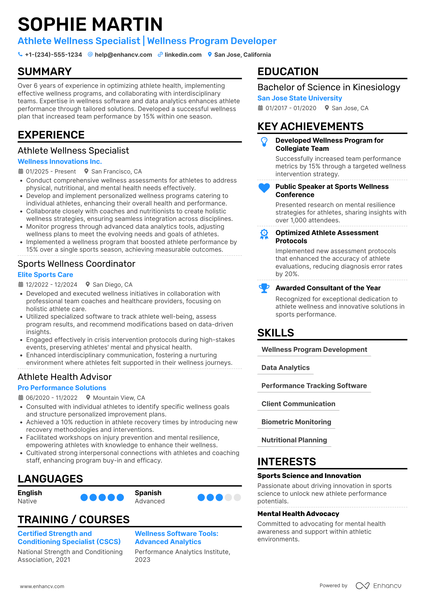 A resume example of a Athlete Wellness Consultant