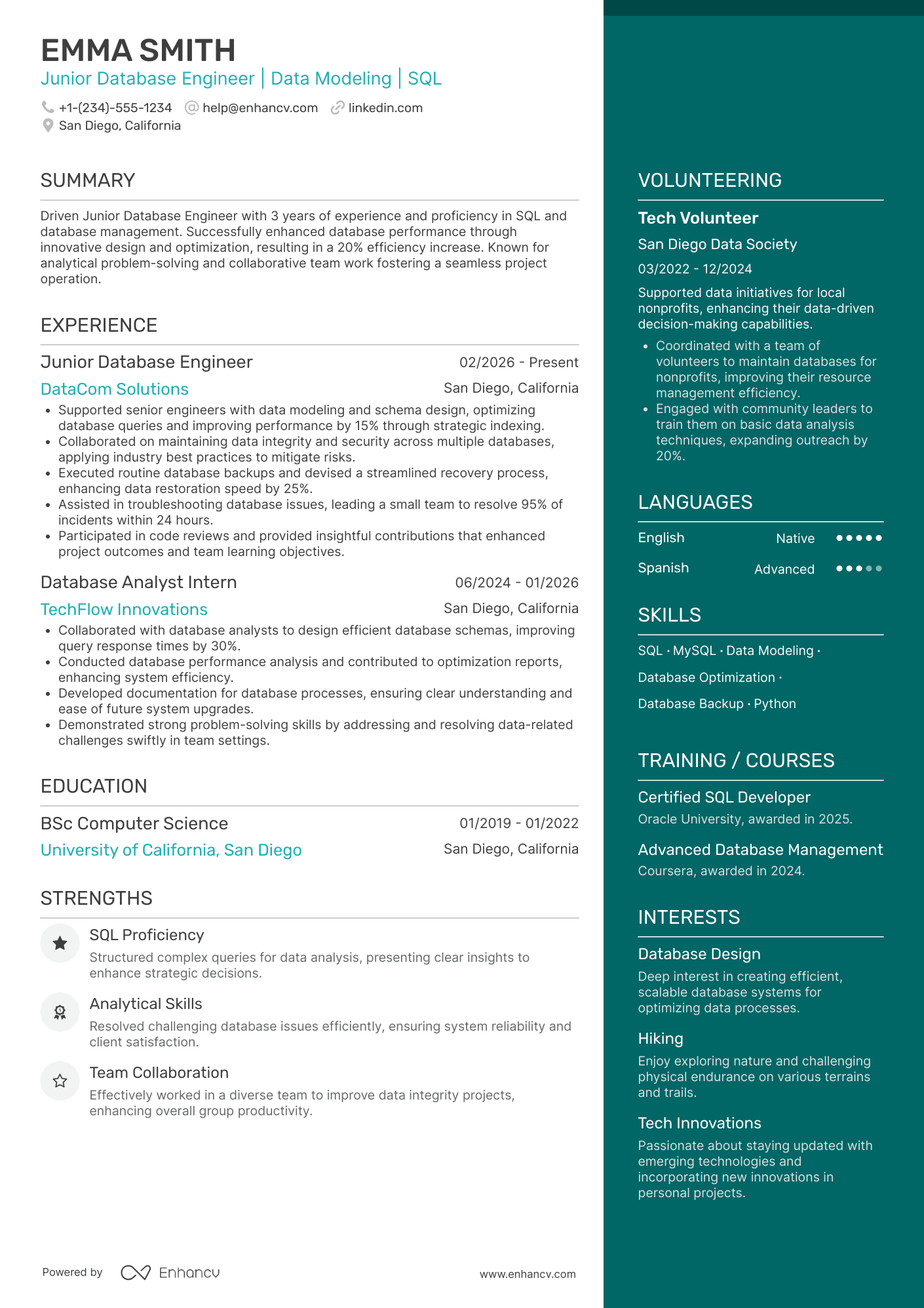 A resume example of a Junior Database Engineer
