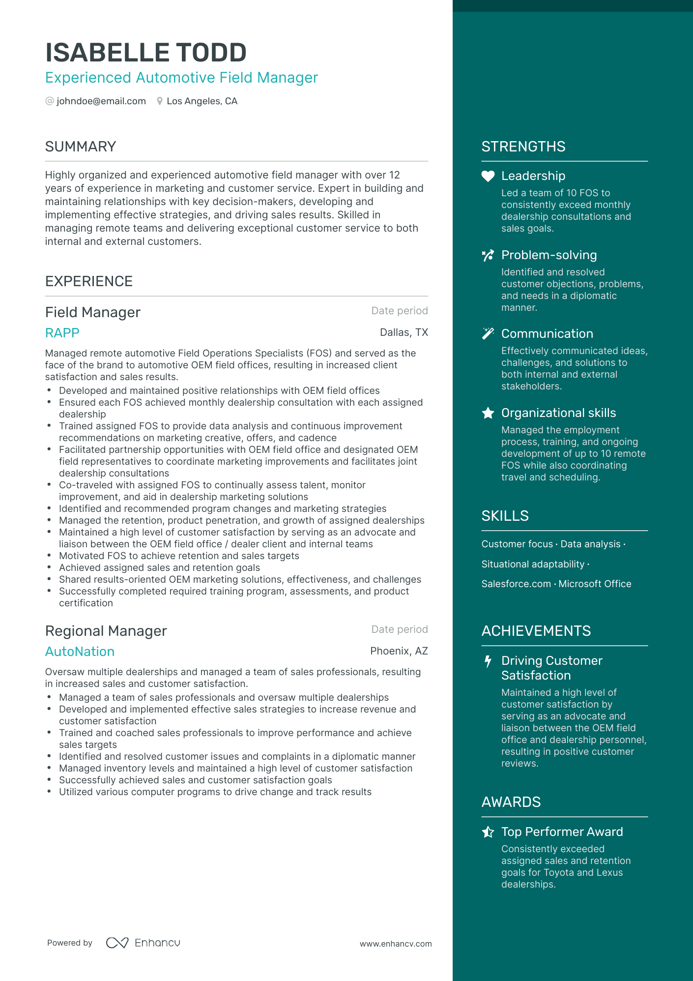 One Page Field Manager Resume Template