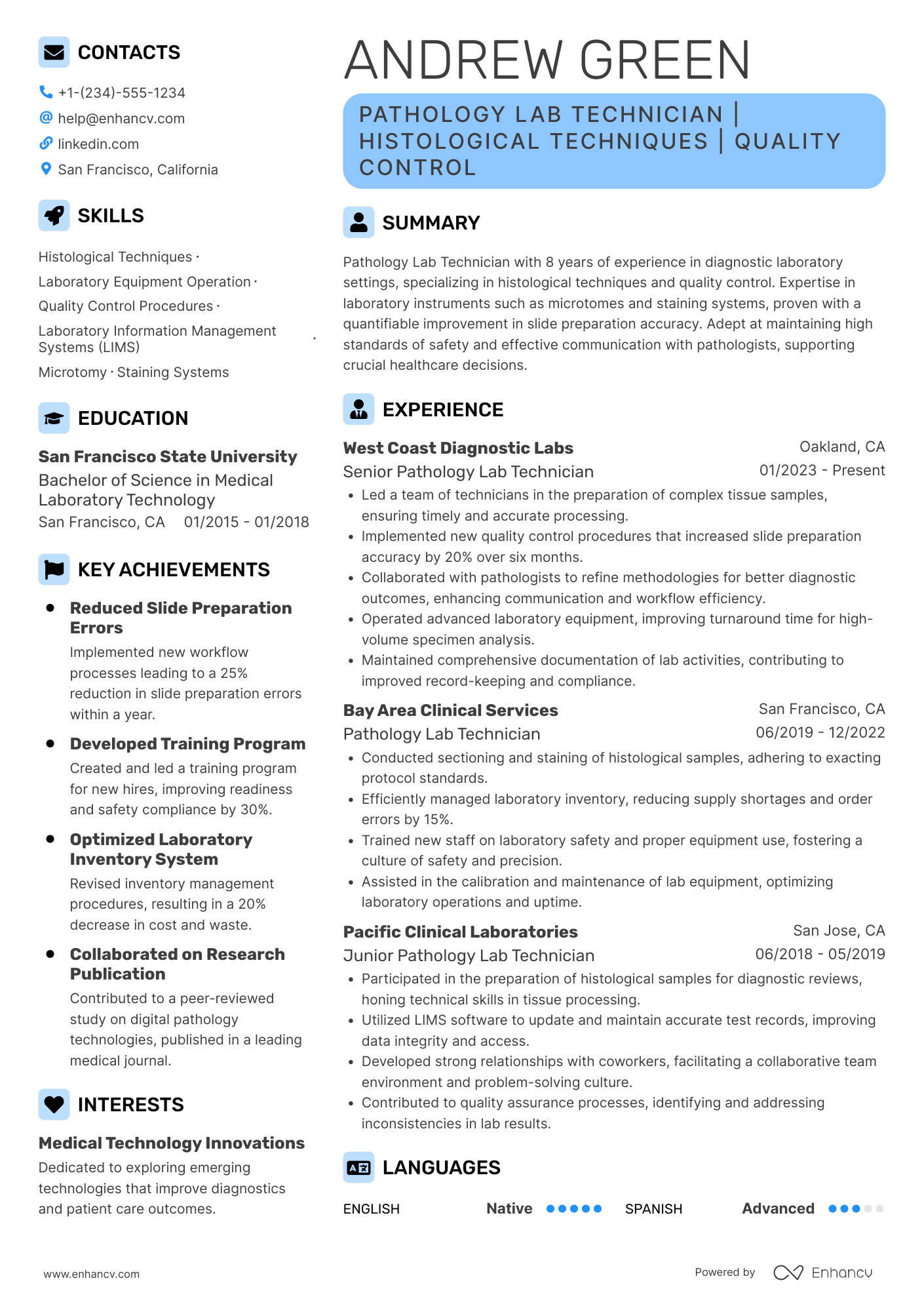 A resume example of a Pathology Lab Technician