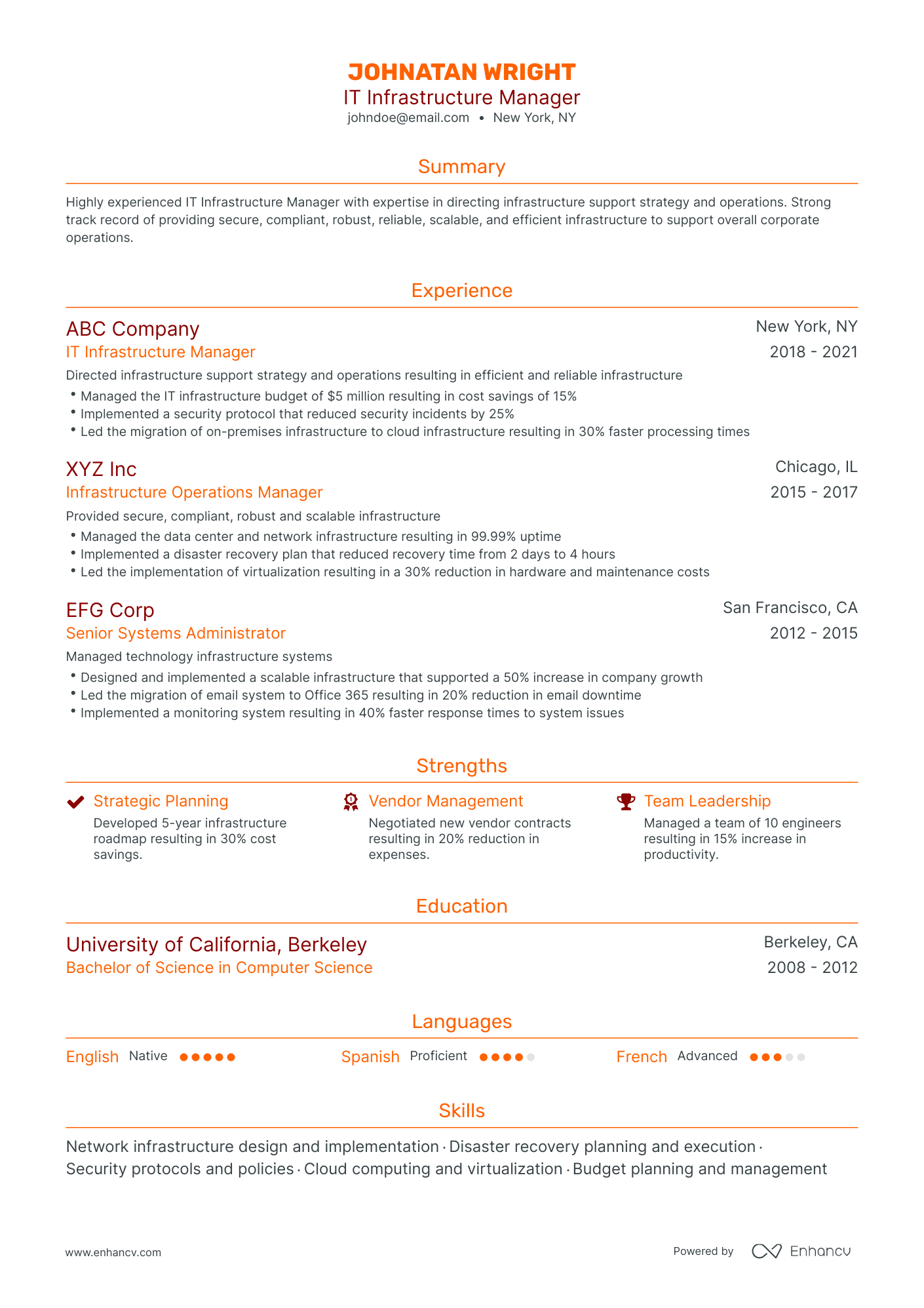 Traditional IT Infrastructure Manager Resume Template