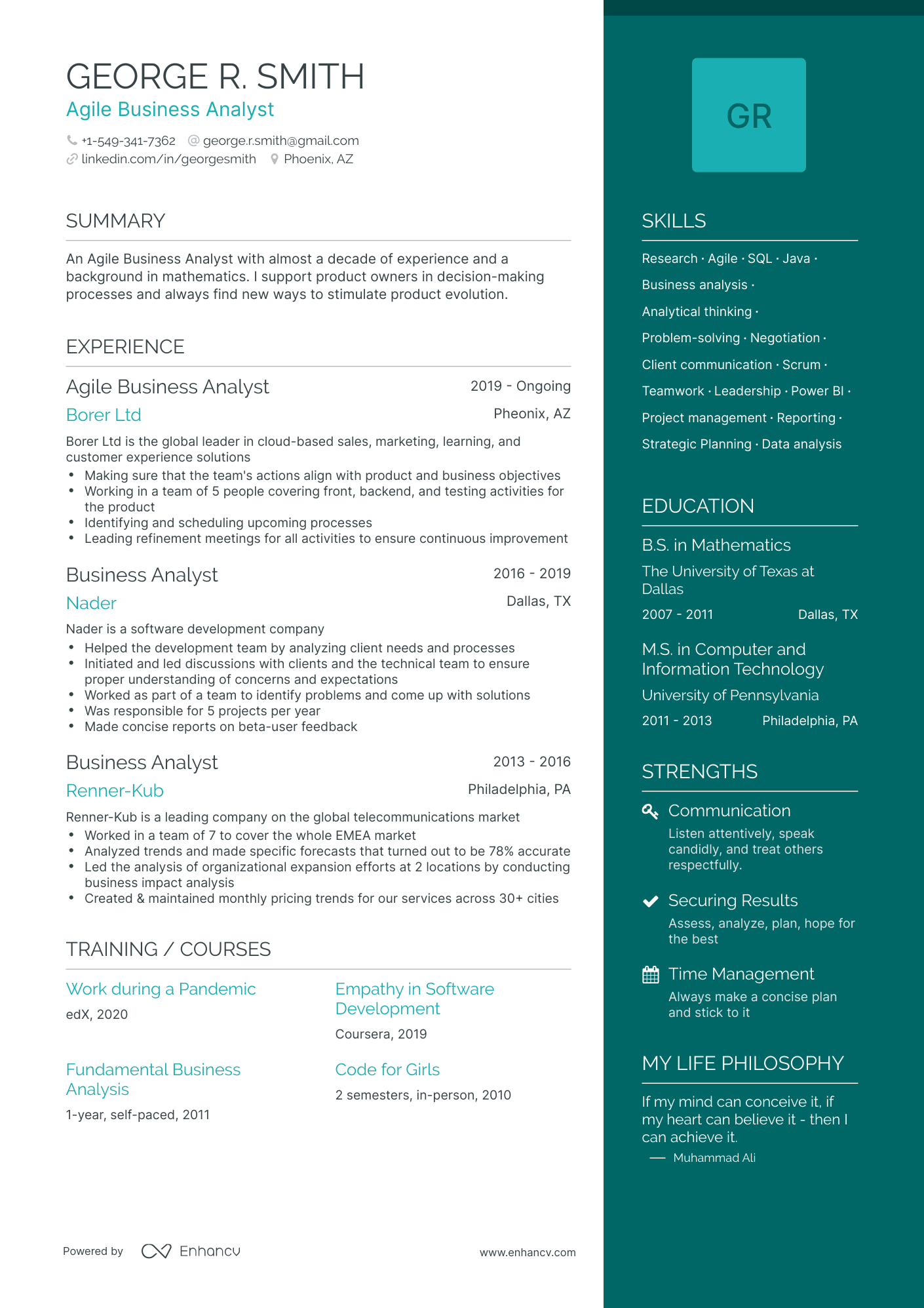 One Page Agile Business Analyst Resume Template