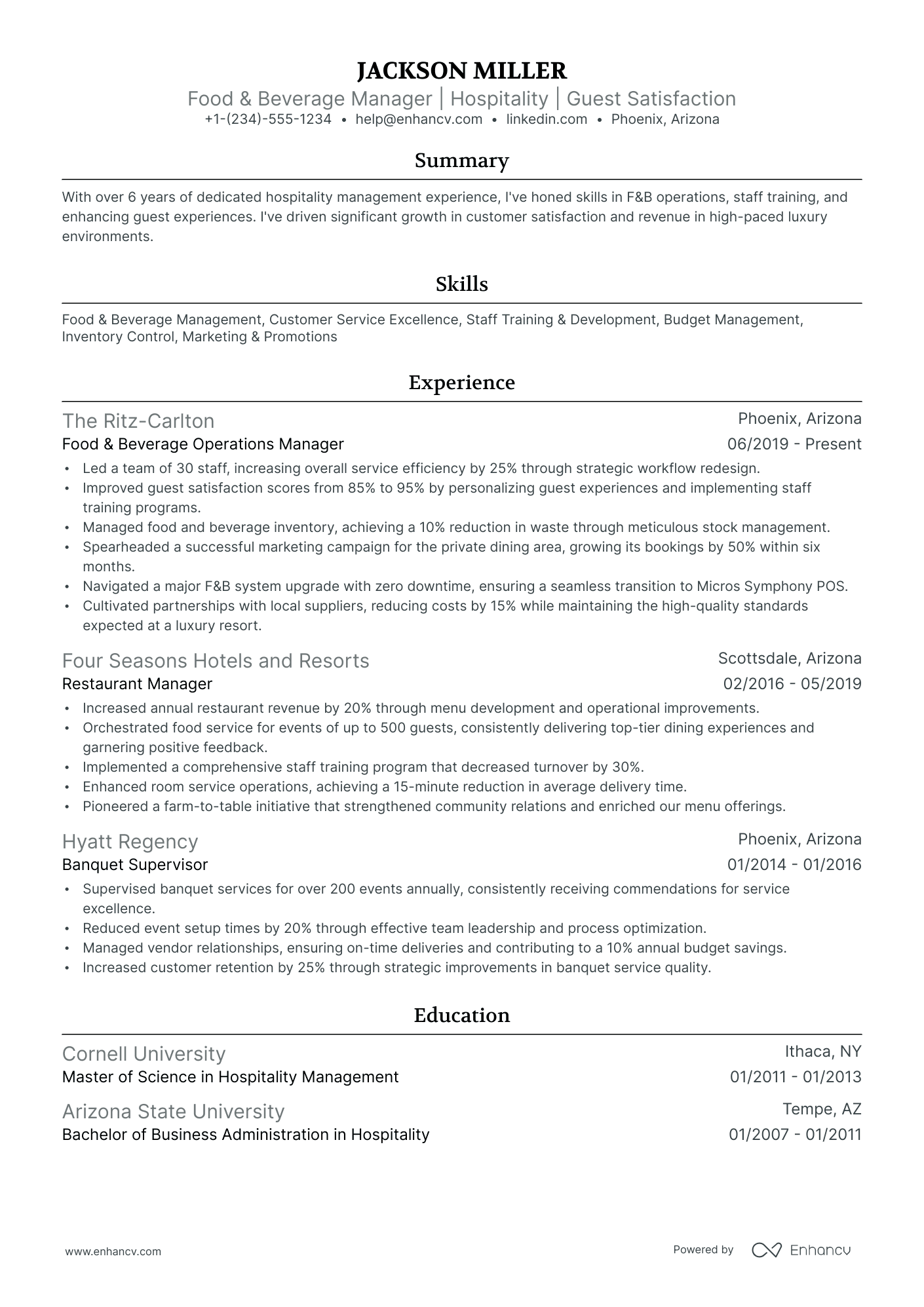 food and beverage manager resume objective examples