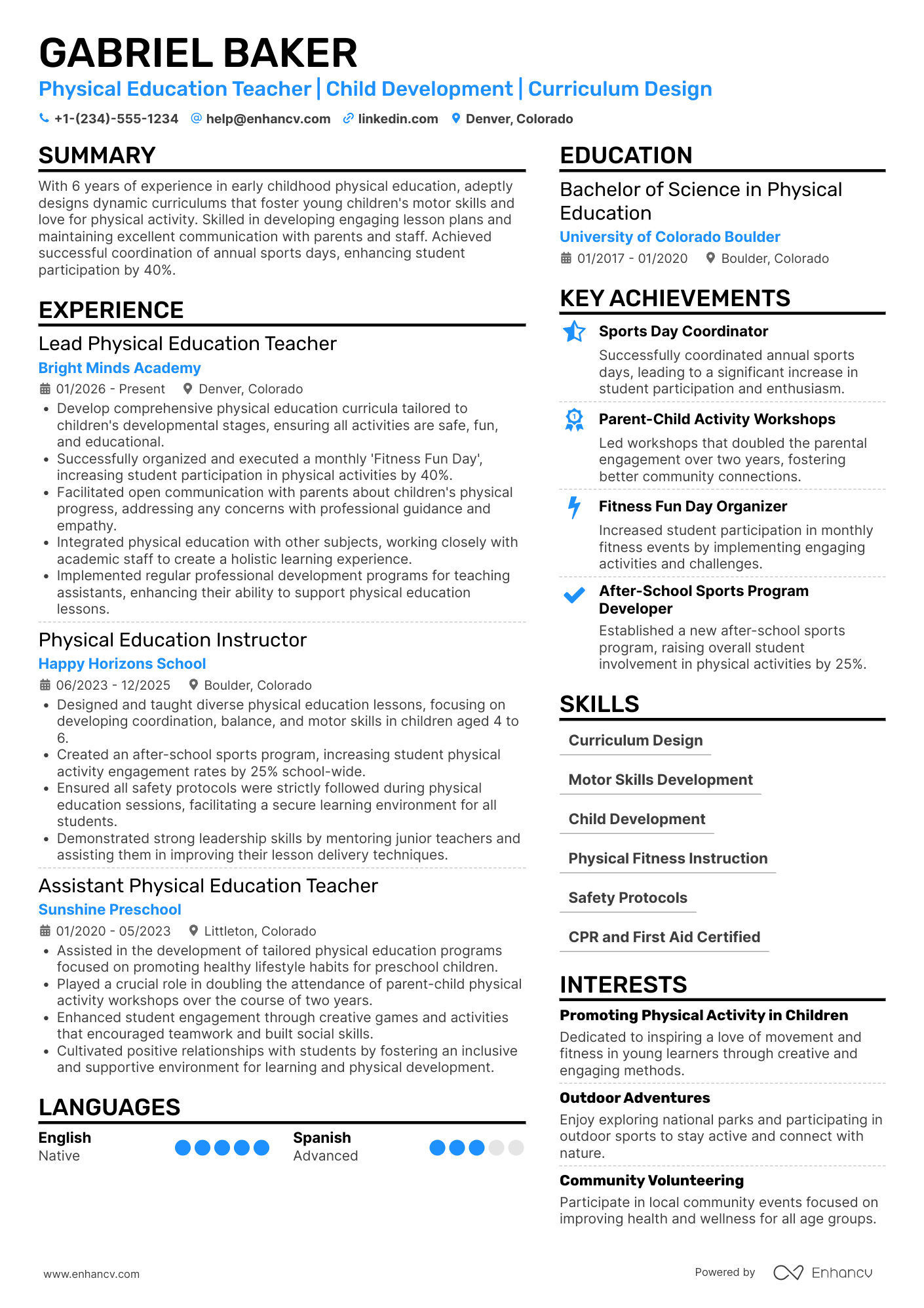 A resume example of a Early Childhood Physical Education Teacher