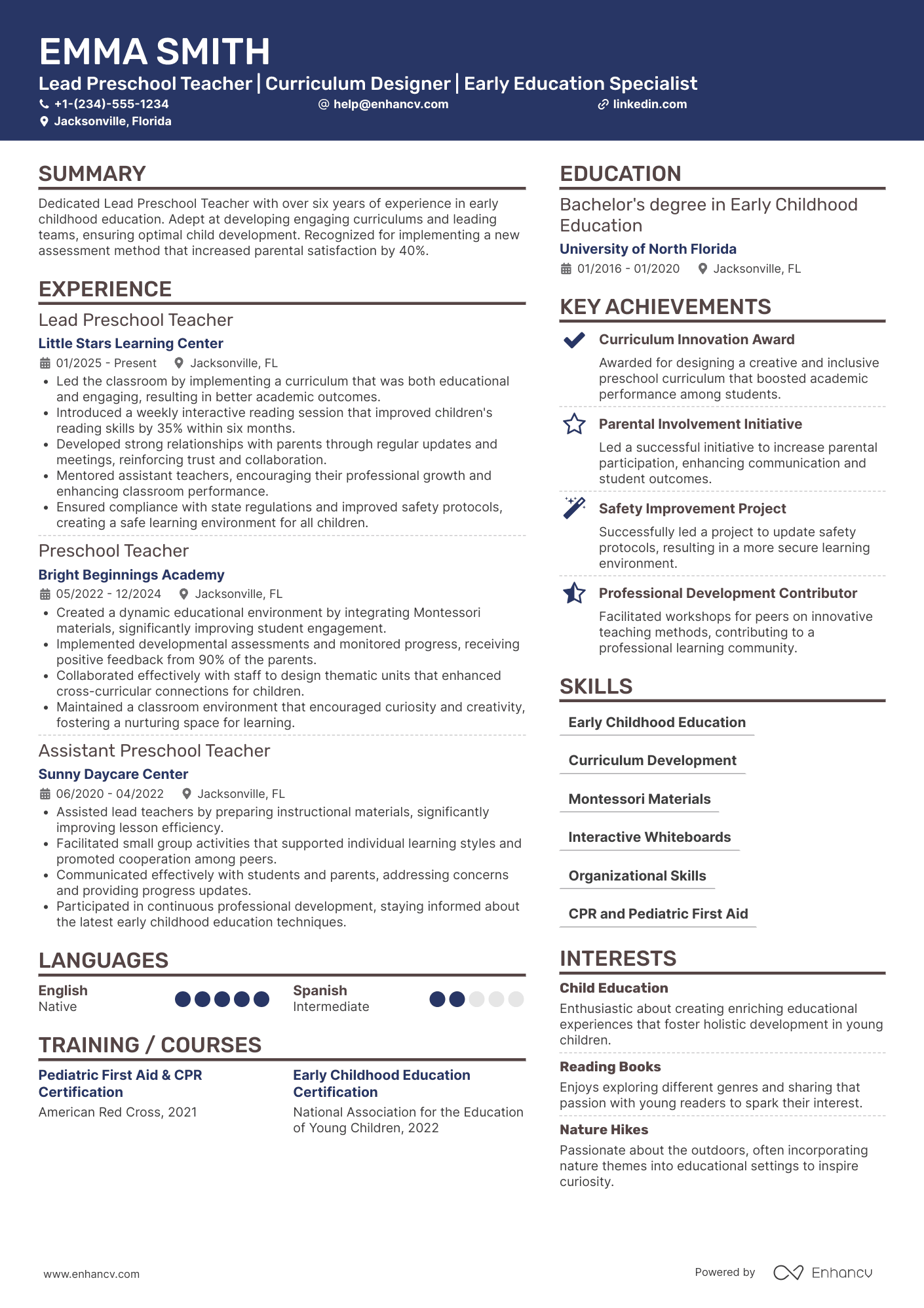 A resume example of a Lead Preschool Teacher Resume
