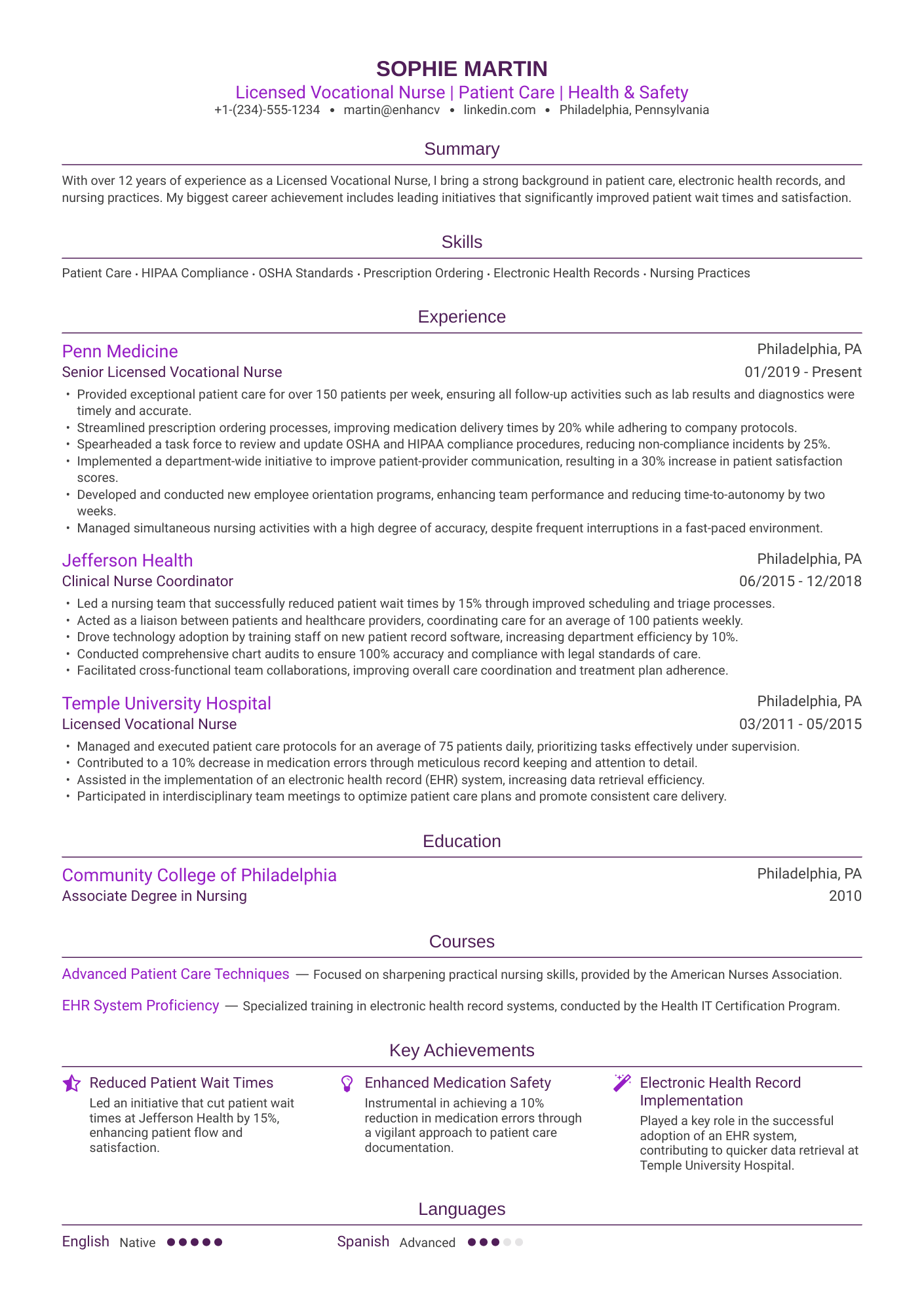 A resume example of a Licensed Vocational Nurse (LVN)